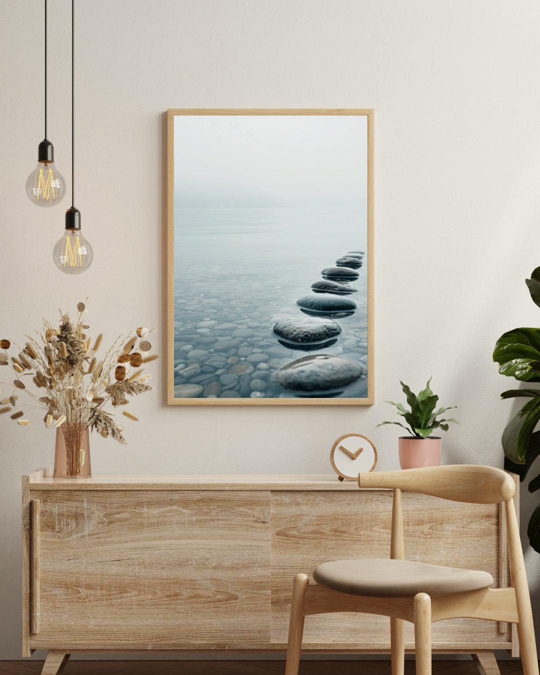 Lakeside Stones poster av Nordanio, naturmotiv för modern skandinavisk vardagsrumsvägg. Bild av väggkonst i träram.