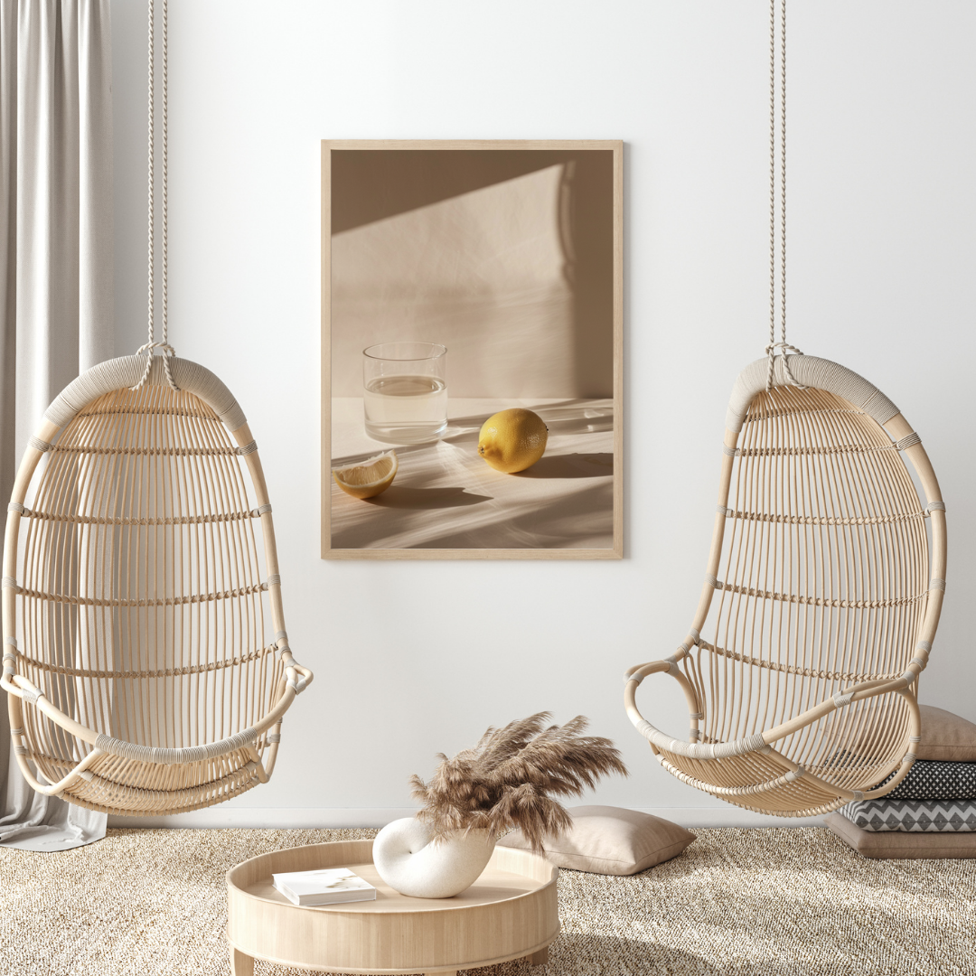 Oljemålning av citroner i still life, minimalistisk beige och vit ram, Nordanio fruktposter för väggdekoration.