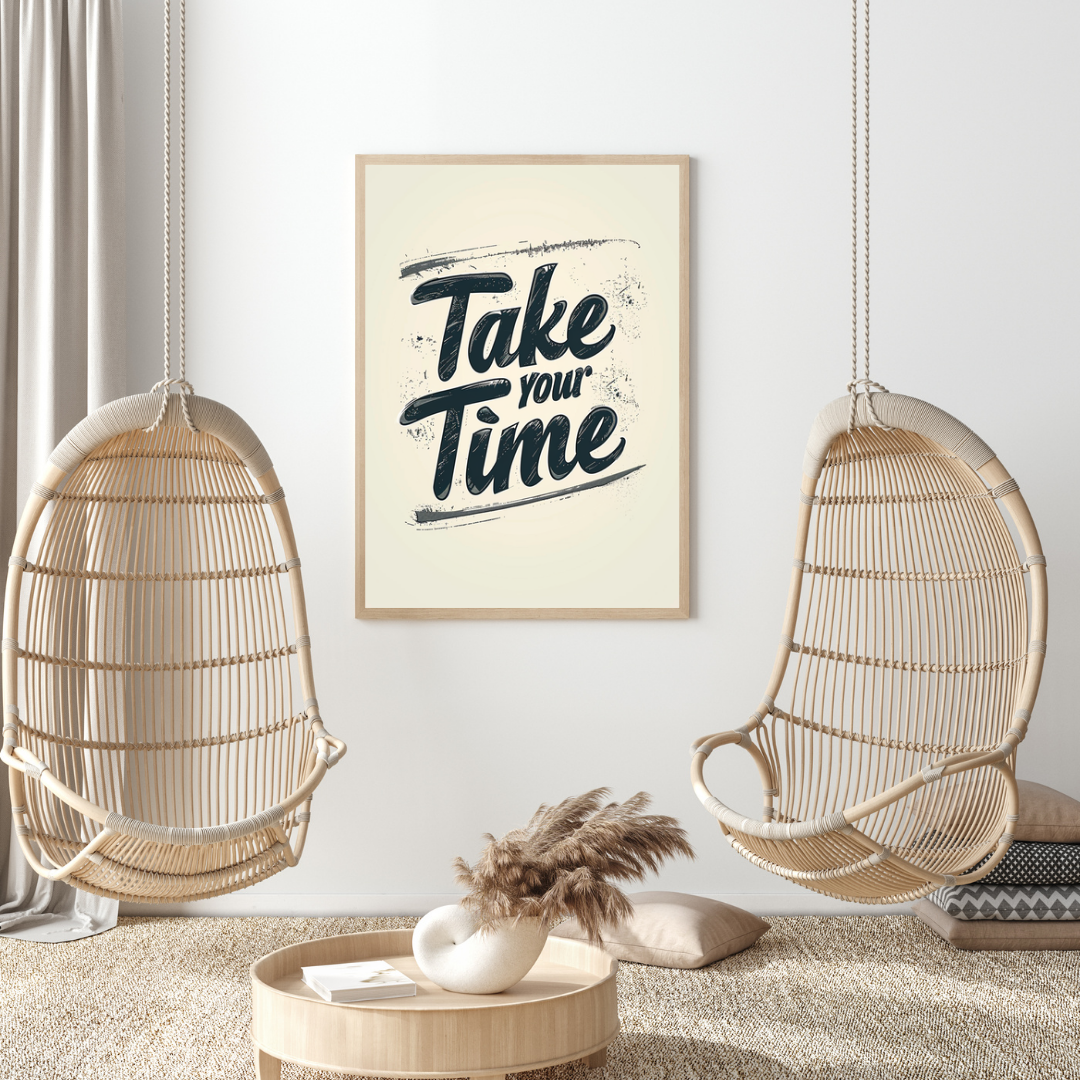 Beige och vit minimalistisk typografiposter med texten "Take Your Time" i svart text i ram, designad av Nordanio.