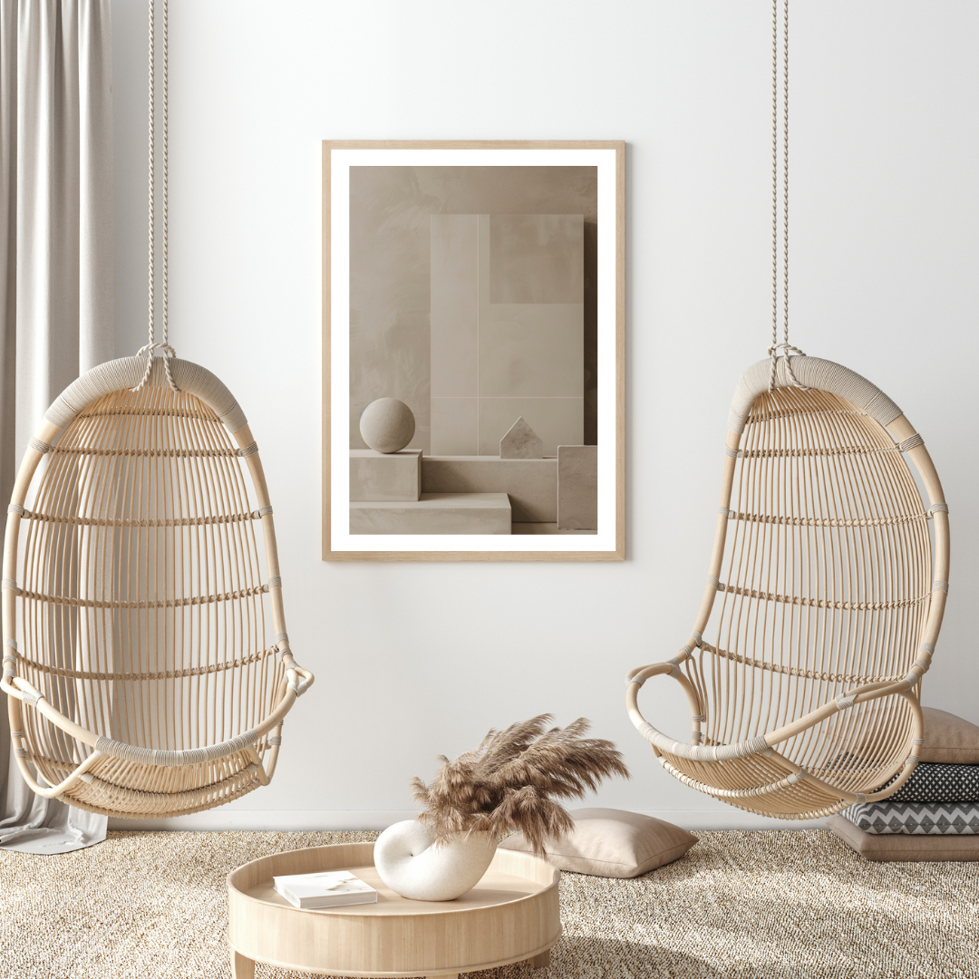 Abstrakt väggposter med geometriska block i beige och vitt, minimalistisk design från Nordanio.