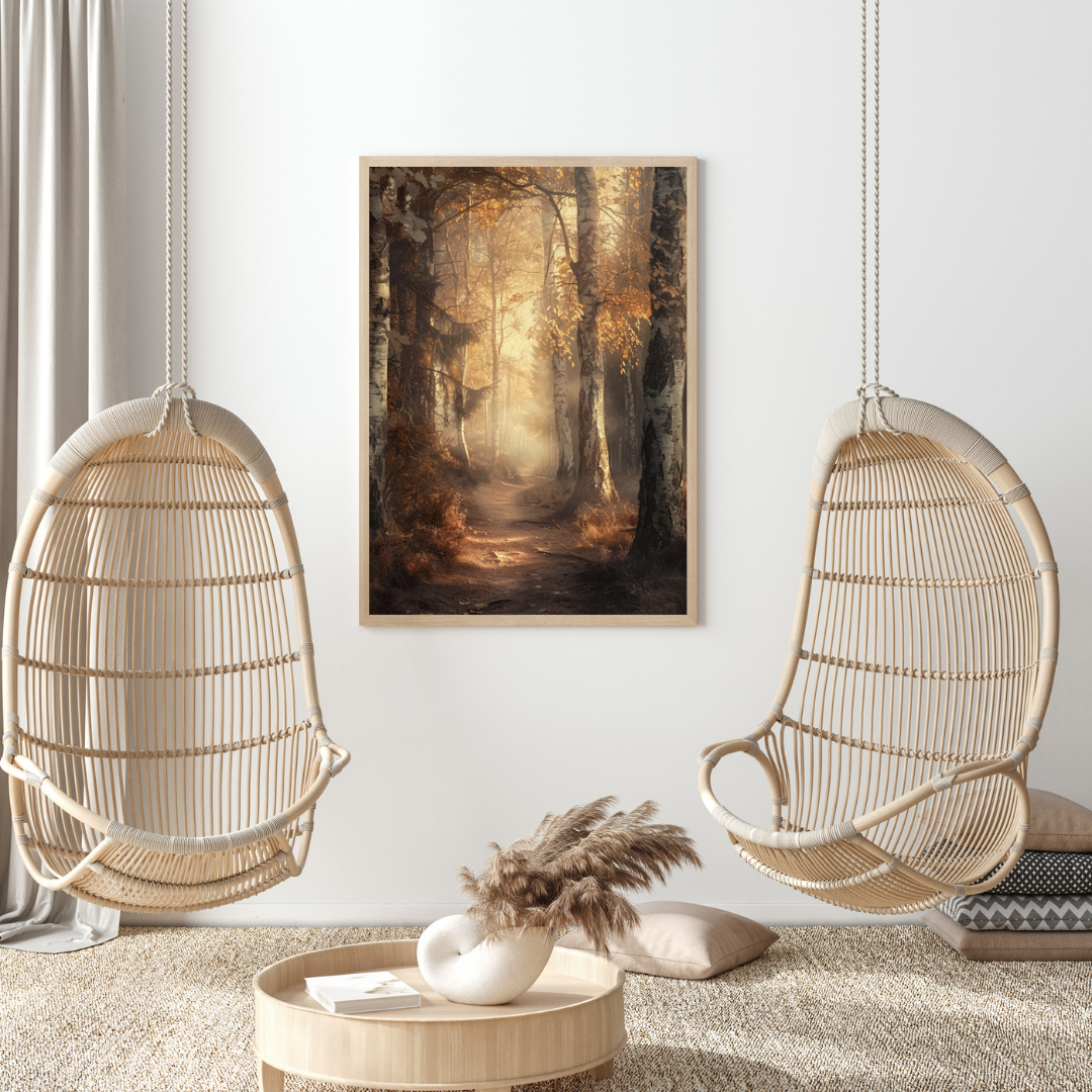 Beige och vit naturposter av skogsstig från Nordanio, minimalistisk ram och lugnande landskapsbild.