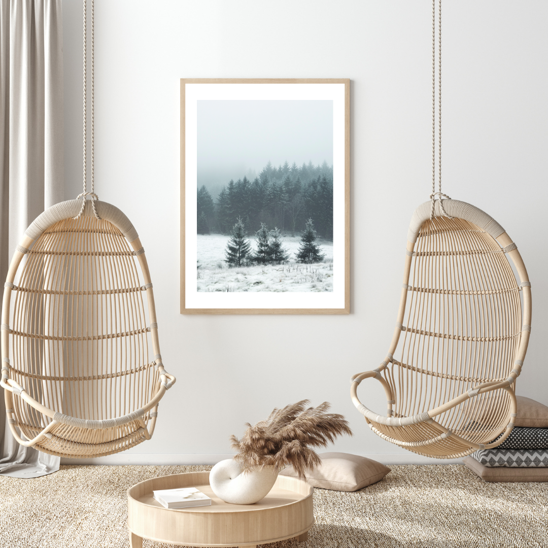 Väggposter med natursceneri av dimmiga trädlinjer i beige och vitt av Nordanio, minimalistisk ram.