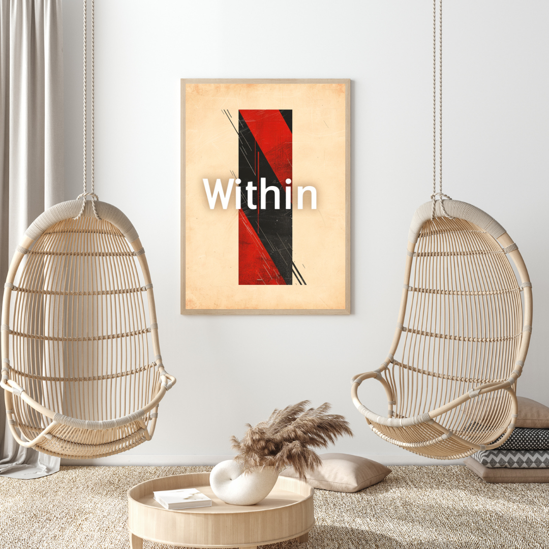 Beige och vit minimalistisk typografiposter i ram, designad av Nordanio, för modern inredning.
