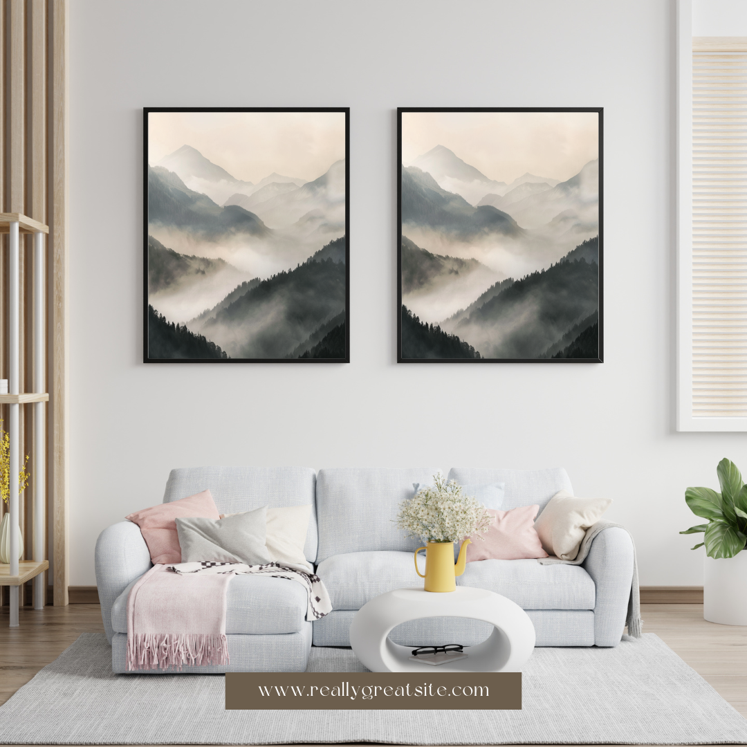 Beige och vit minimalist naturposter från Nordanio med lugn och rofylld landskapsdesign för väggdekoration.
