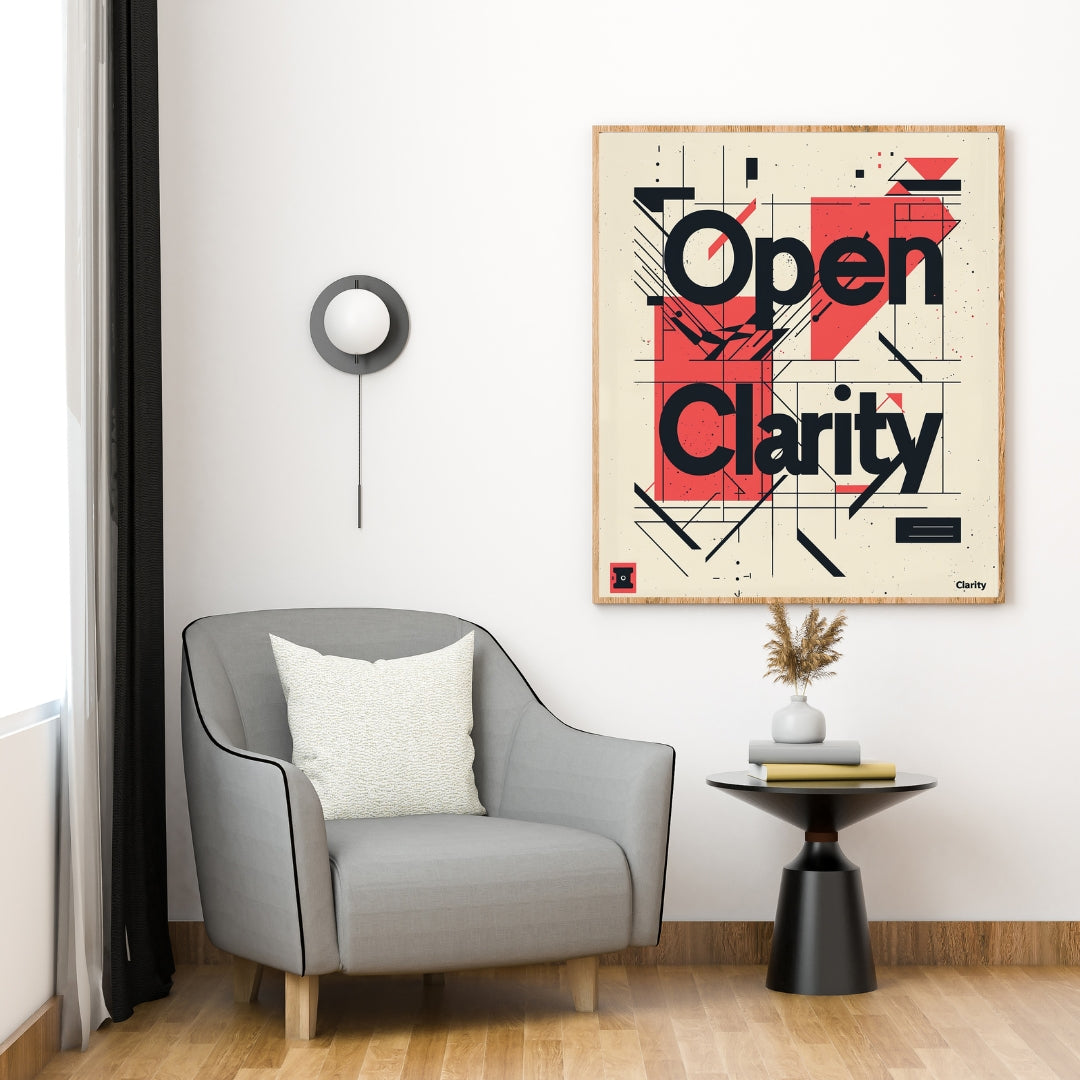 Nordanio typografiposter med öppen klarhet i beige och brunt, inramad och hängt på vägg.