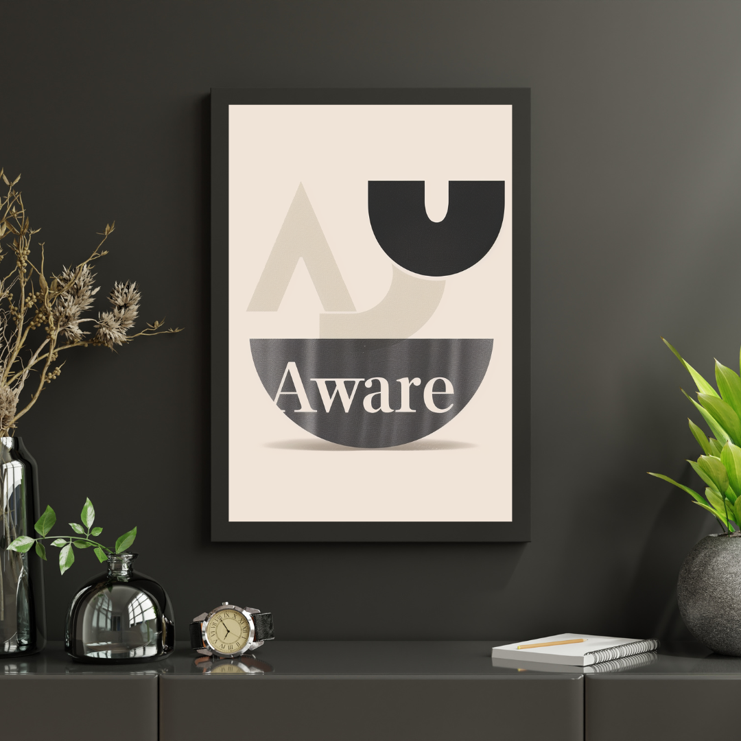 Svart minimalistik typografiposter från Nordanio i ram, perfekt för modern inredning och väggdekoration.