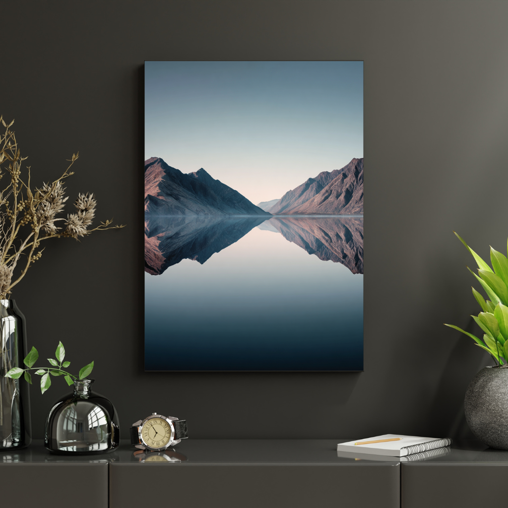 Svart och vitt naturposter av Nordanio som visar bergsspeglingar och minimalistisk landskapsdesign.