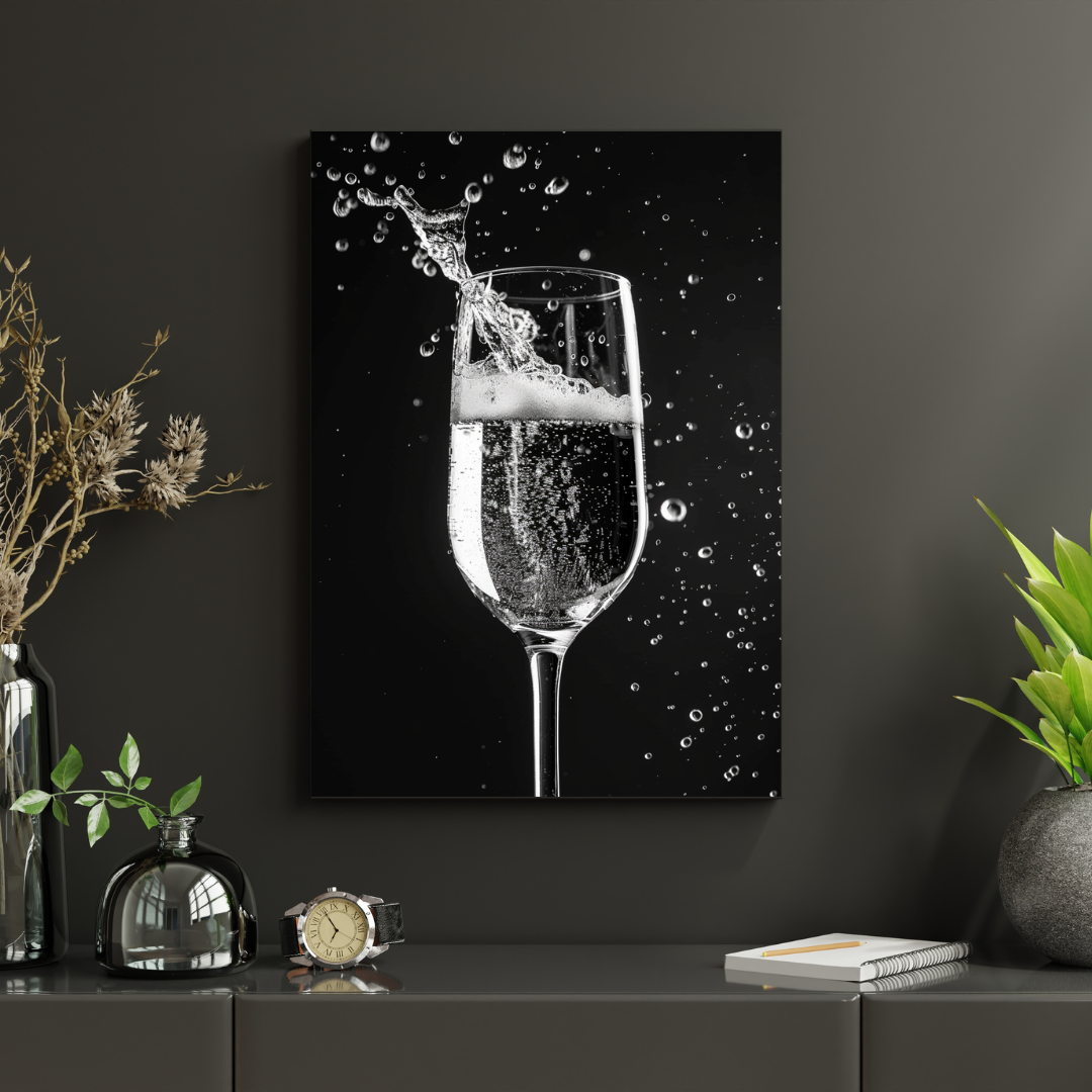 Svart och vitt fruktposter av champagneglas från Nordanio, modern fotografi för väggdekoration eller konstposter.