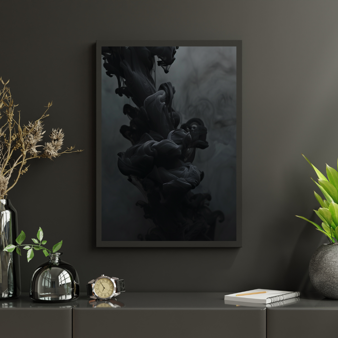 Svart abstrakt konstposter av Nordanio, modern mörk väggdekoration med konstnärligt mönster och minimalistisk design.