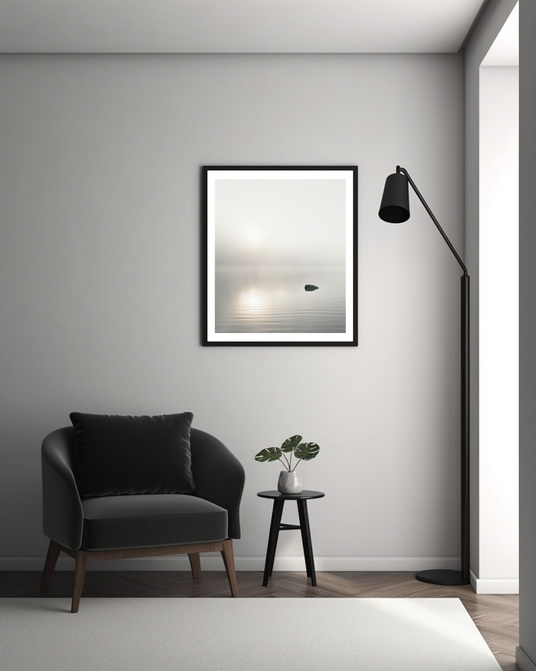 Svartvitt naturposter av Misty Lake från Nordanio, minimalistisk bild av dimmigt sjölandskap i ram.