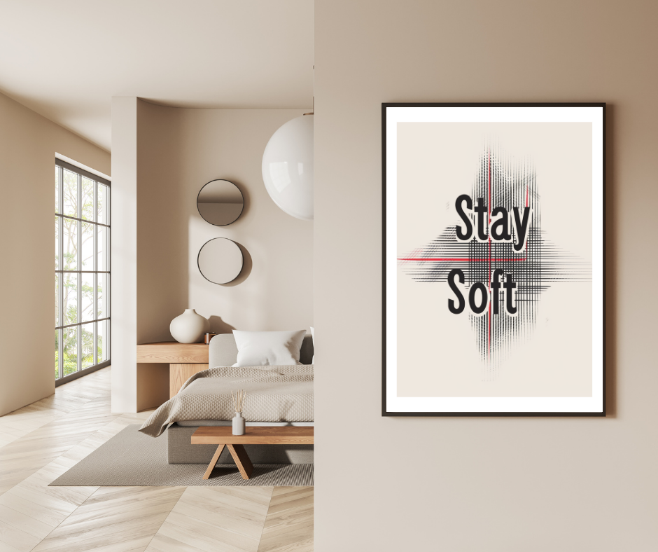 Svartvit minimalistisk typografi poster av märket Nordanio i ram, med stilren och enkel design för väggdekoration.
