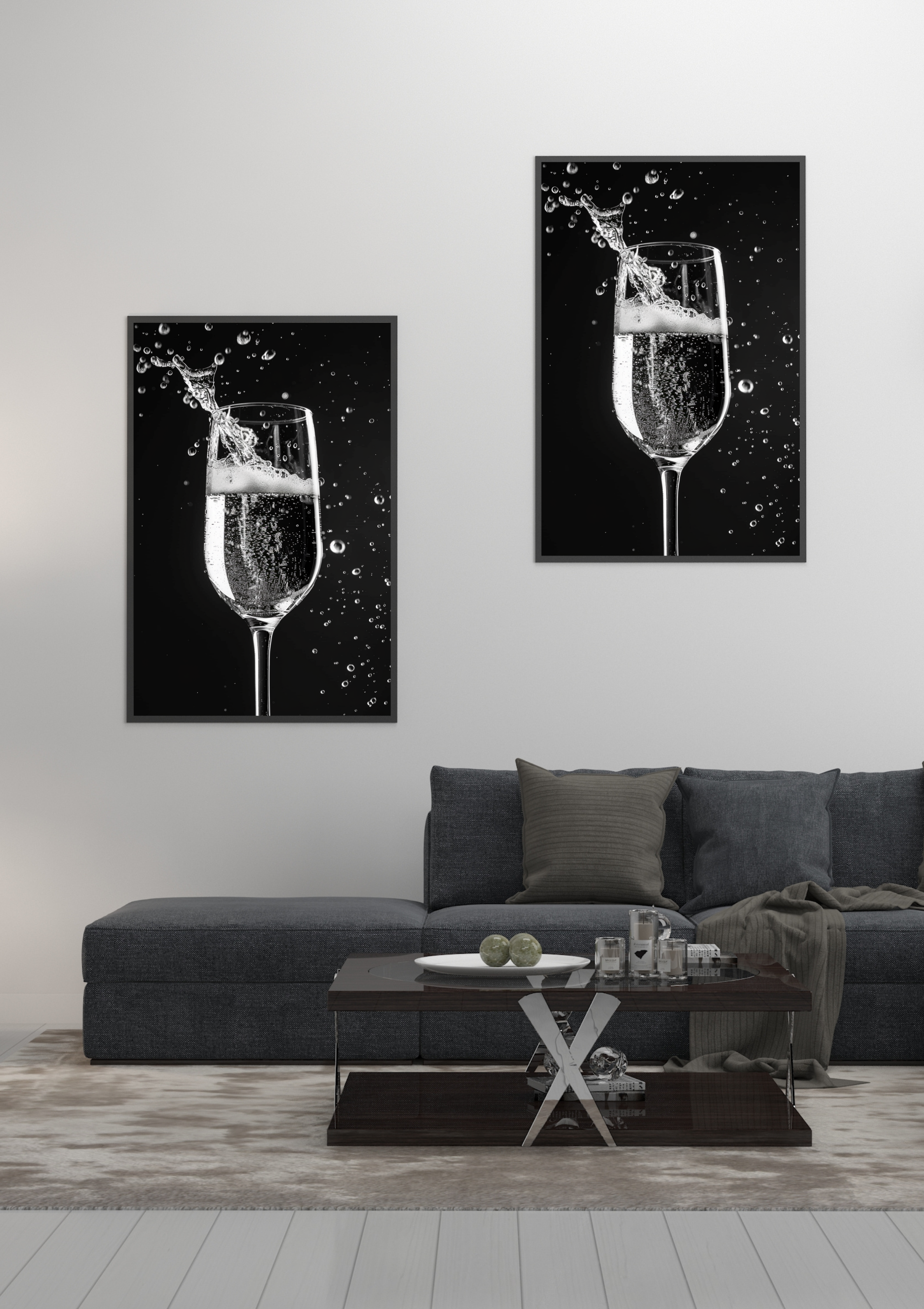 Svartvitt elegant posters med bild av champagneglas och frukt, Nordanio, minimalistisk konst för väggdekoration.