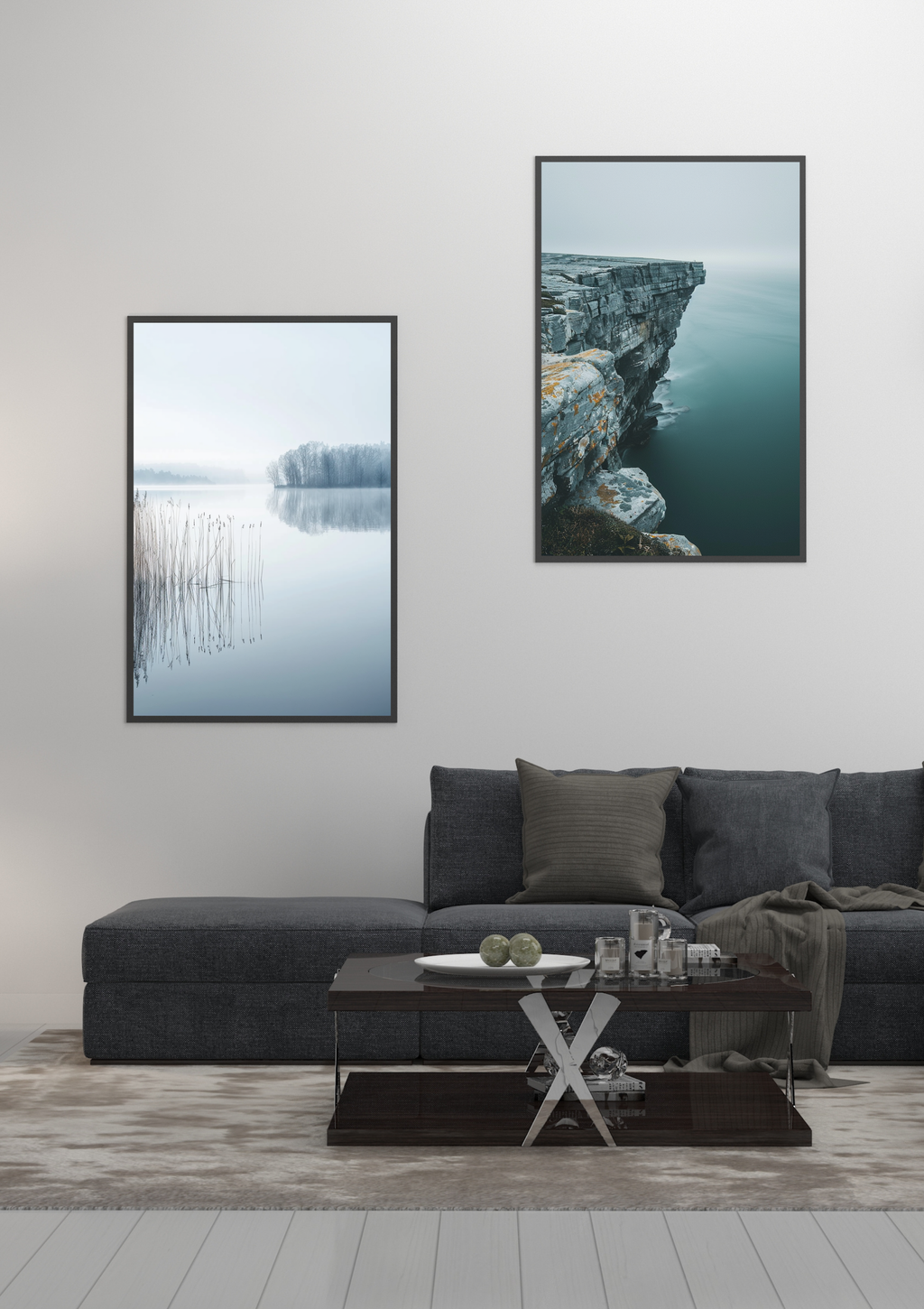 Svartvitt naturposter av Nordic Lake från Nordanio, minimalistisk och elegant inramad konsttryck.