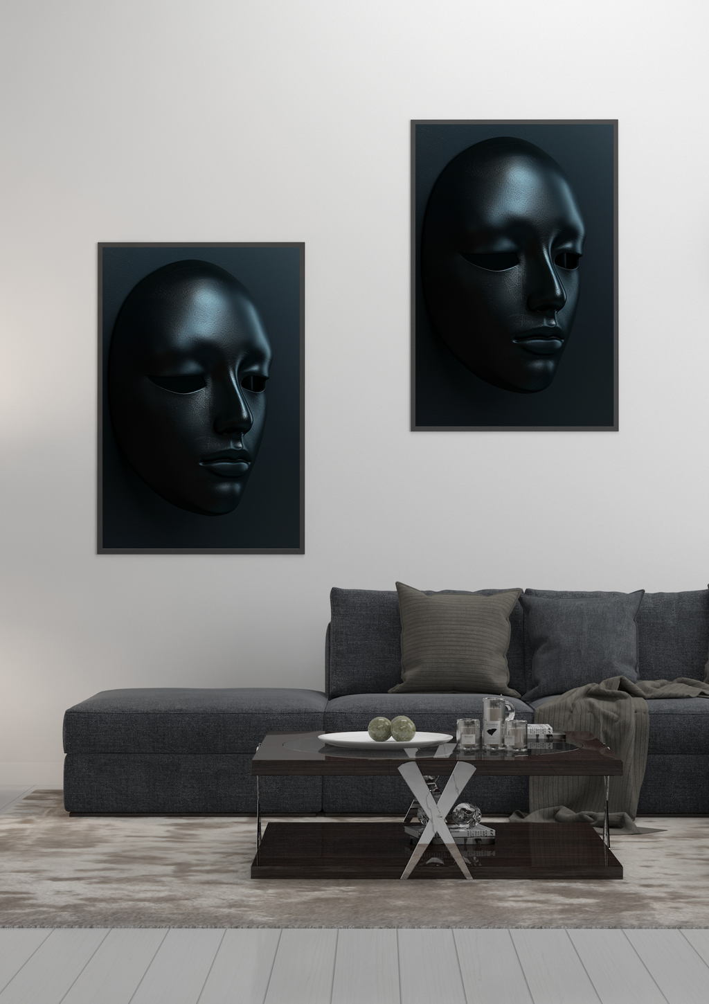 Svart maskposter av minimalistisk, svartvit konst för väggdekor från Nordanio, inramad och elegant.