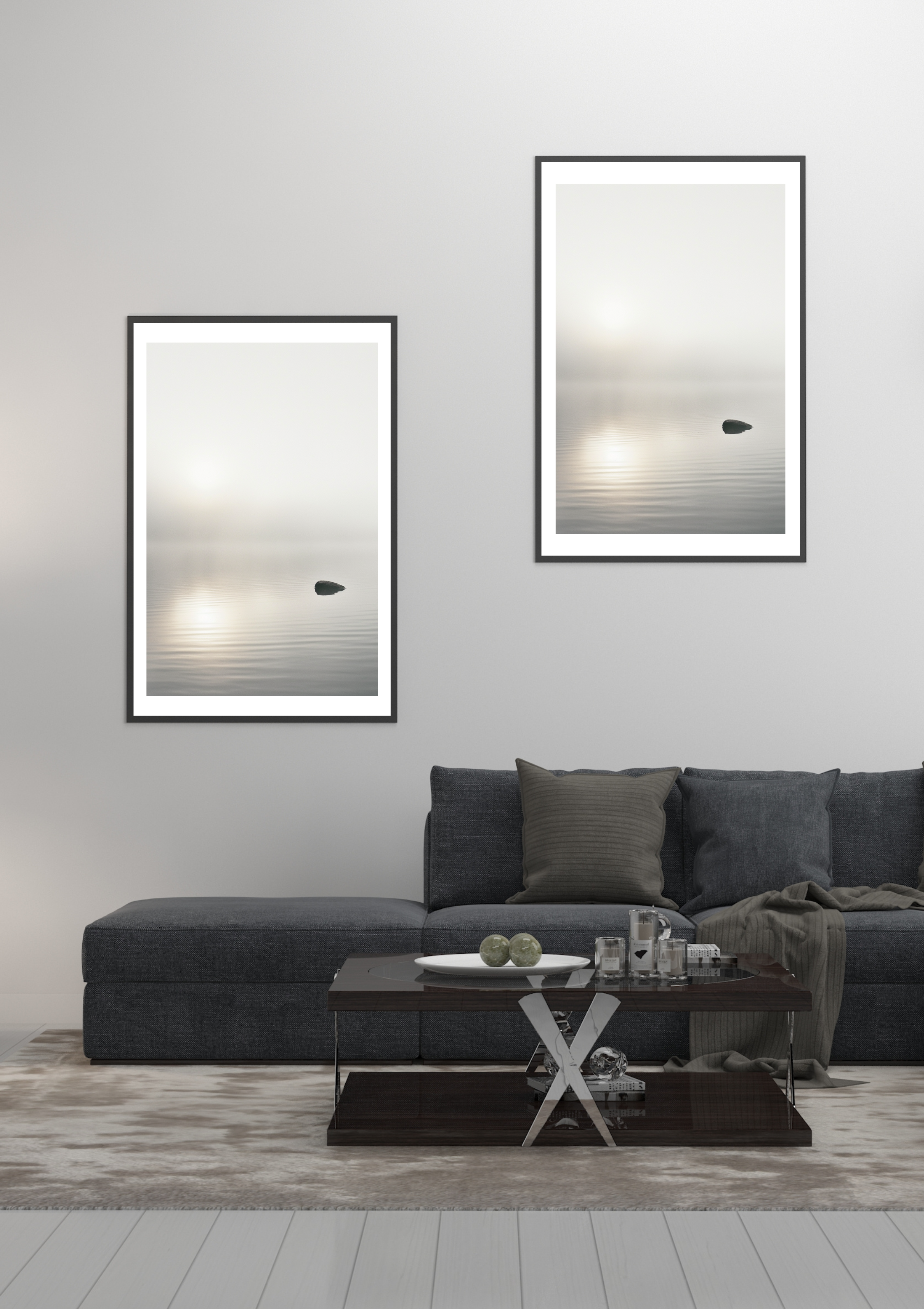 Svartvit naturposter av Misty Lake från Nordanio, minimalistisk och elegant inramad konstbild.