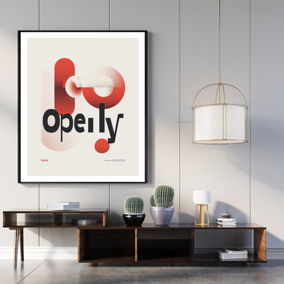 Svartvitt typografiposter från Nordanio i minimalistisk design, visas i ram på vit bakgrund.