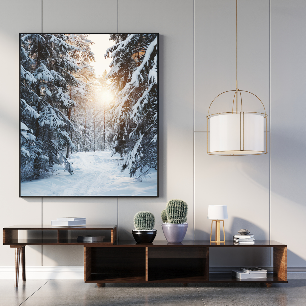 Svartvit naturposter av snötäckta träd från Nordanio, minimalistisk foto i ram för Instagram-inlägg.