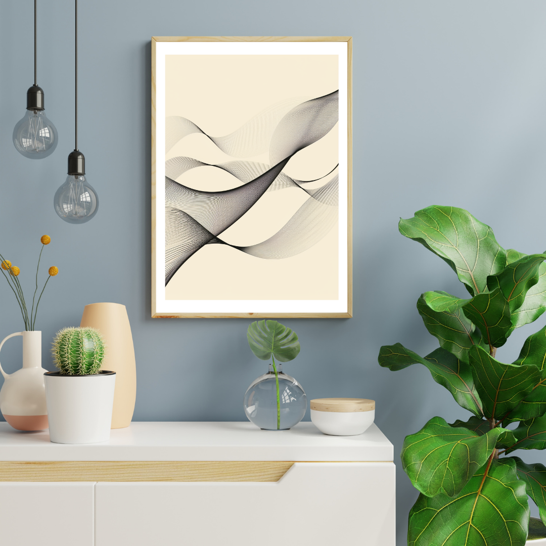 Abstrakt väggposter med böjda linjer i blå nyanser av Nordanio, perfekt för modern inredning.