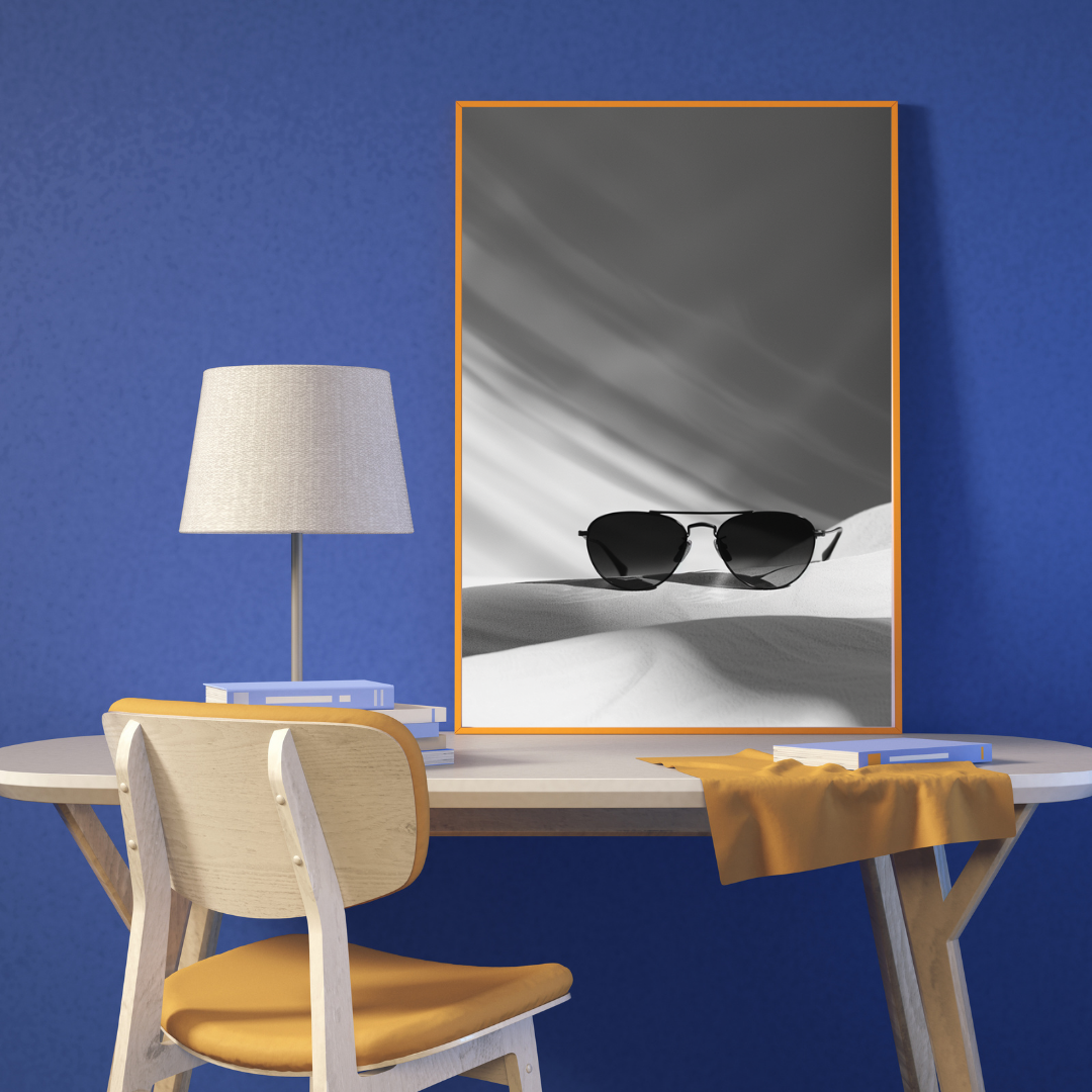 Svartvitt affisch med solglasögonmotiv från Nordanio, väggdekoration med modern blå 3D-illustration.