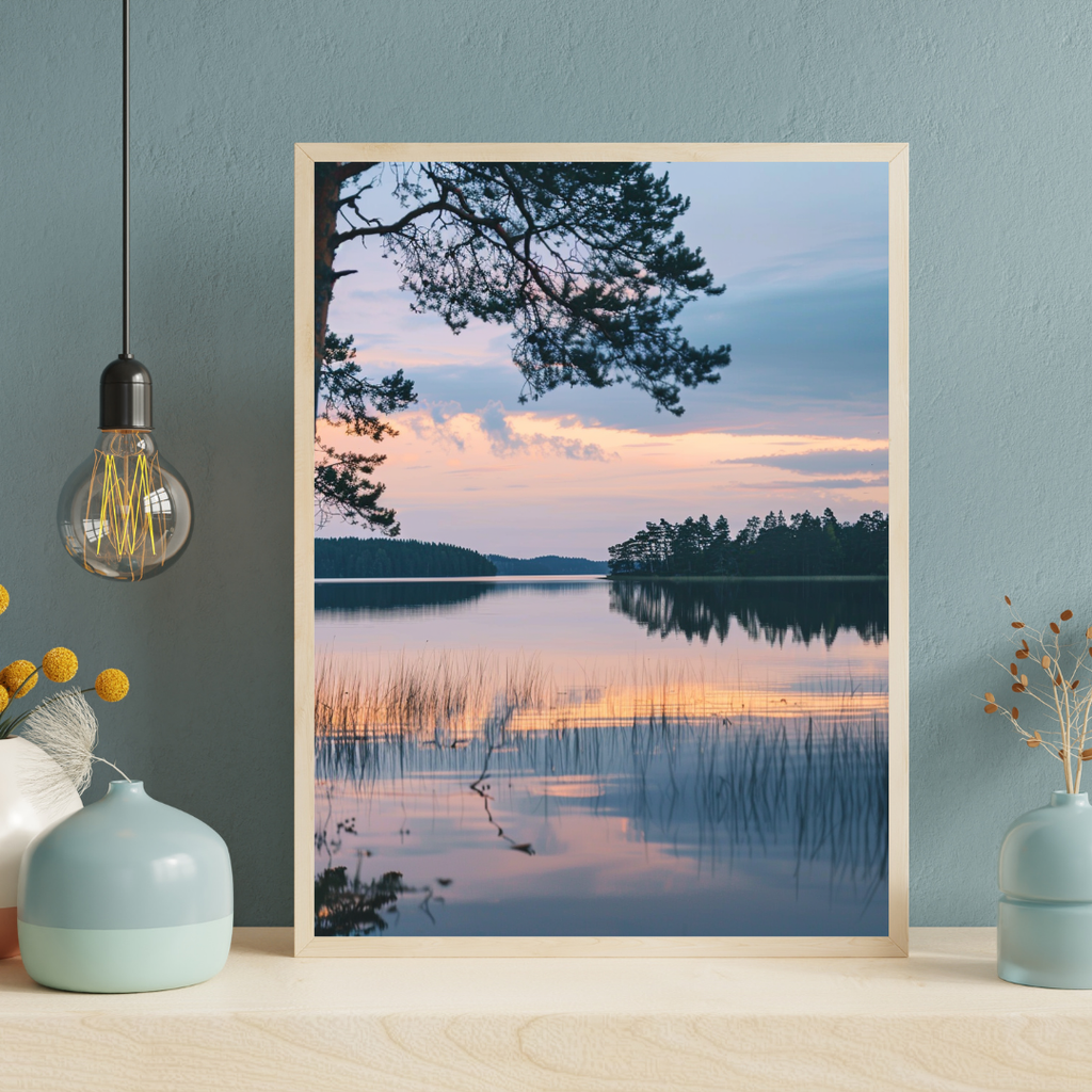 Nordanio naturposter av en sjö vid skymning med blå 3D-illustration, passar som väggdekor i hemmet.