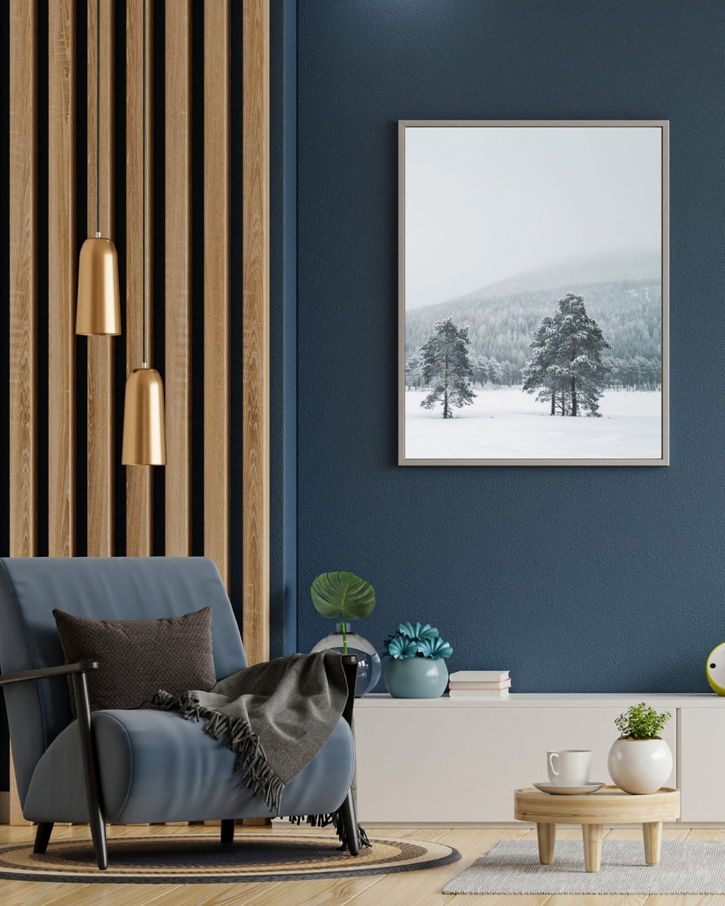 Snölandskap naturposter av Nordanio med blå och bruna nyanser, minimalistisk design för väggdekoration.