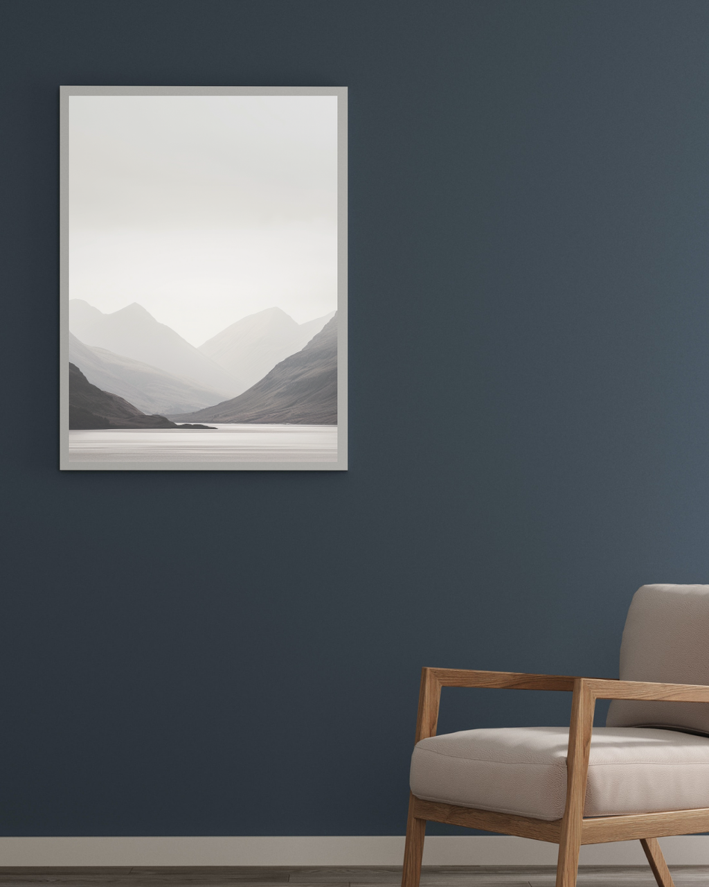Blåbrun minimalist naturposter från Nordanio med bergslandskap i en modern ram, perfekt för väggdekor.