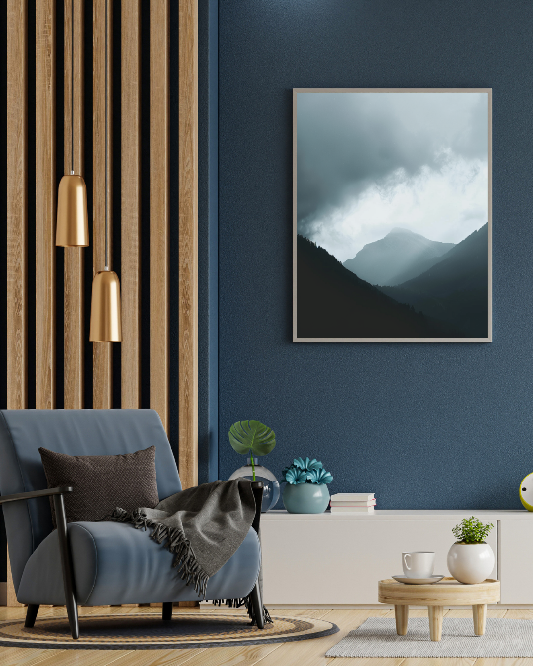 Nordanio naturposter med bergsilhuett i blå och bruna toner, minimalistisk väggdekoration för hemmet.