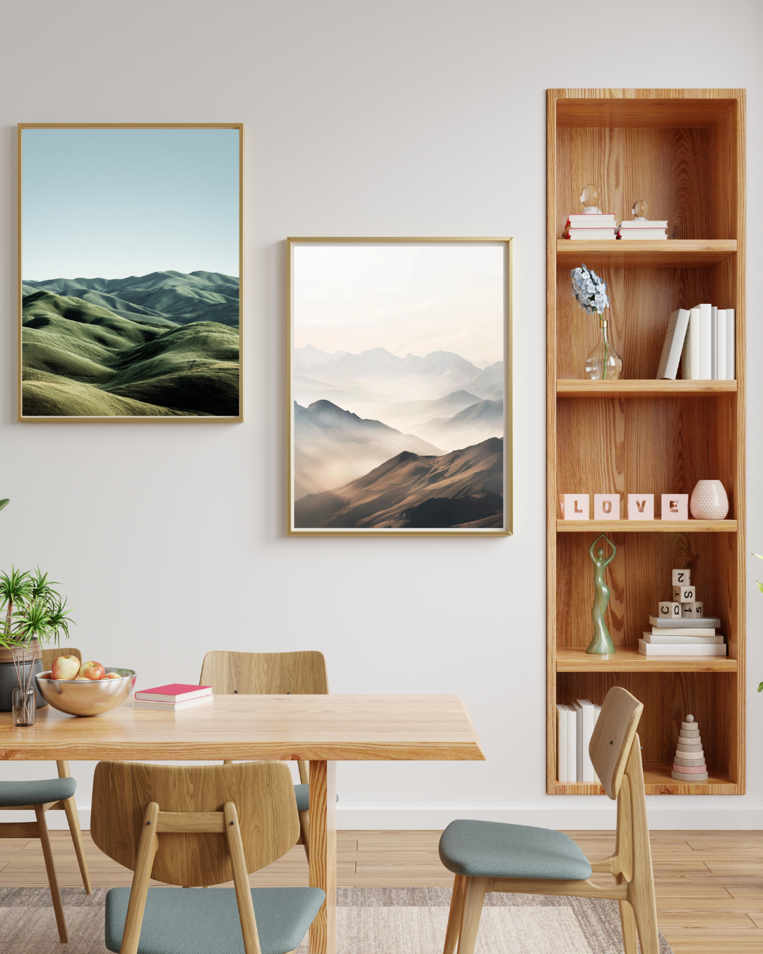Blåbrun minimalistisk naturposter med berglandskap av Nordanio, väggkonst i modern stil för hemdekor.
