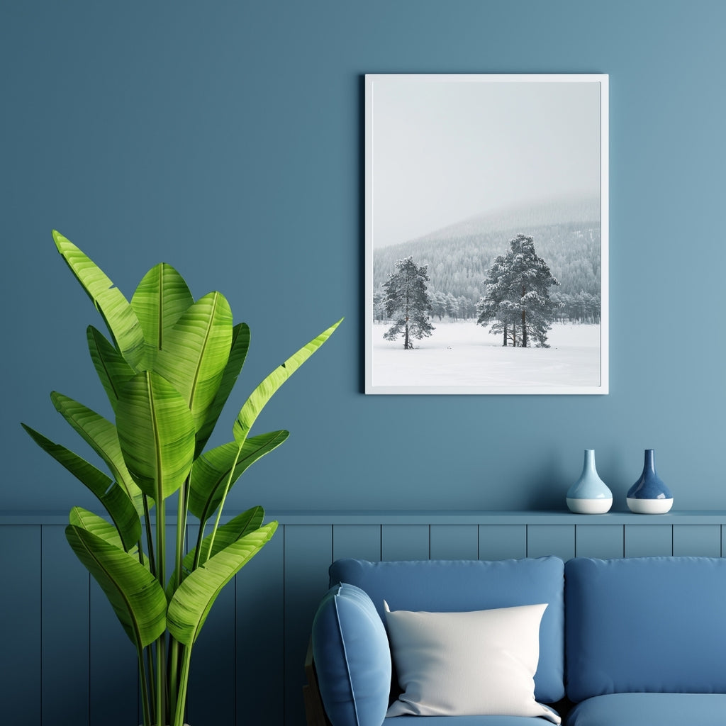 Väggposter med snöig landskapsillustration i blå och gröna nyanser av Nordanio, naturmotiv för väggdekoration.