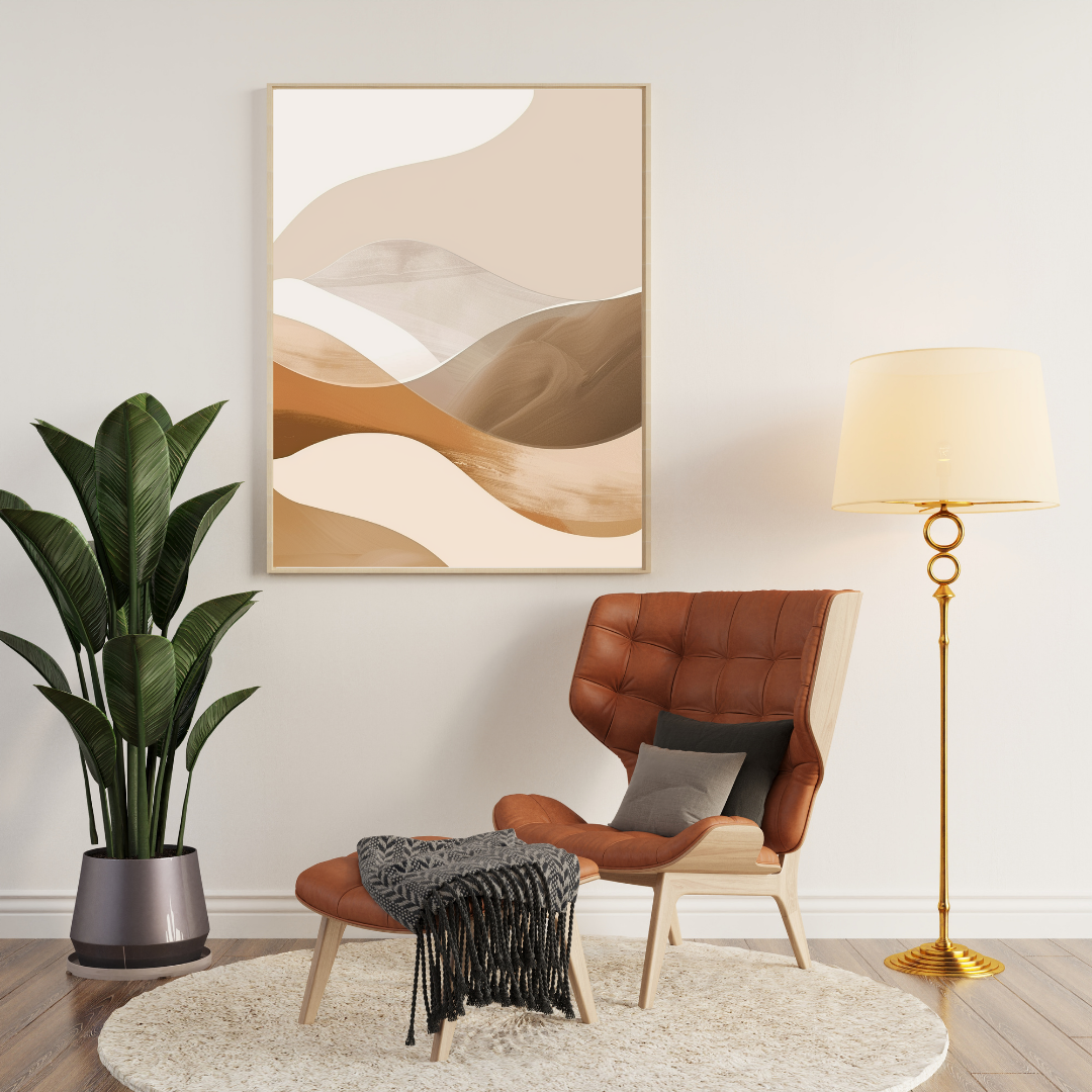 Abstrakt väggposter med organiska former i brunt, designad av Nordanio, visar en tredimensionell illustration i ram.