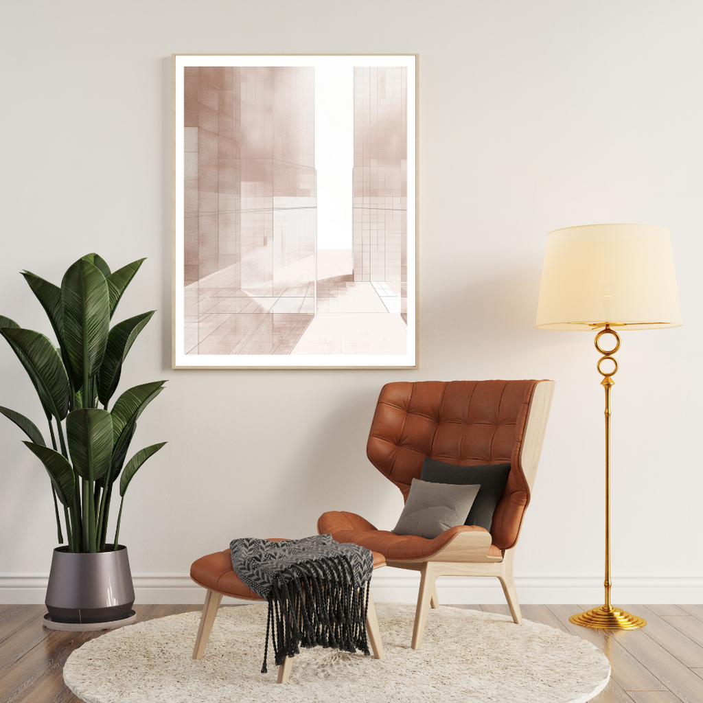 Abstrakt väggposter med griddesign i brunt, av Nordanio, visas i ram för modern inredning och konstnärlig stil.