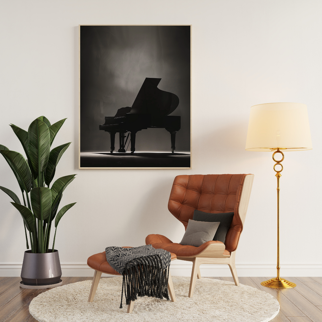 Mörk konstväggposter av en pianosilhuett från Nordanio, brun 3D-illustration för väggdekor.