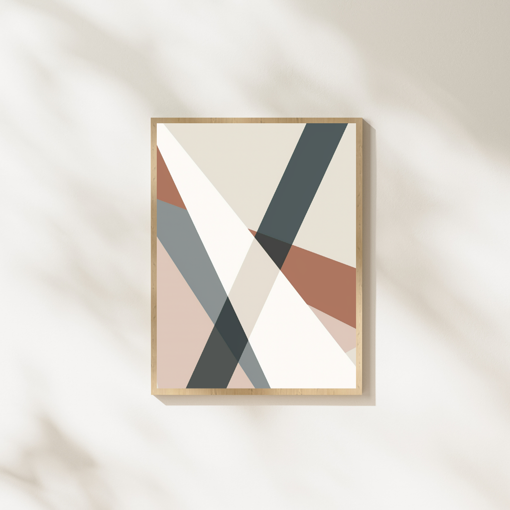 Diagonal abstrakt väggposter av Nordanio med brunt 3D-inspirerat mönster inramad i träram.