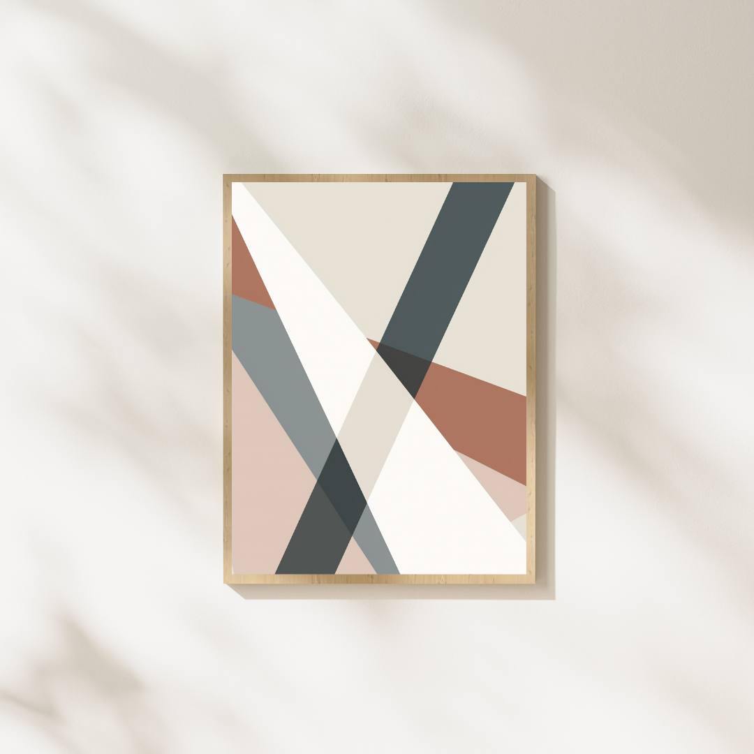 Diagonal abstrakt väggposter av Nordanio med brunt 3D-inspirerat mönster inramad i träram.