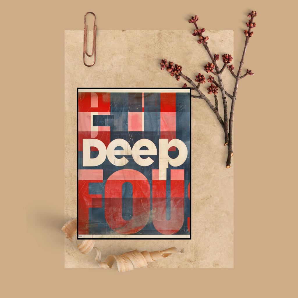 Brunt och vitt minimalistiskt typografiposter med texten "Deep Focus" från Nordanio på en neutral bakgrund.