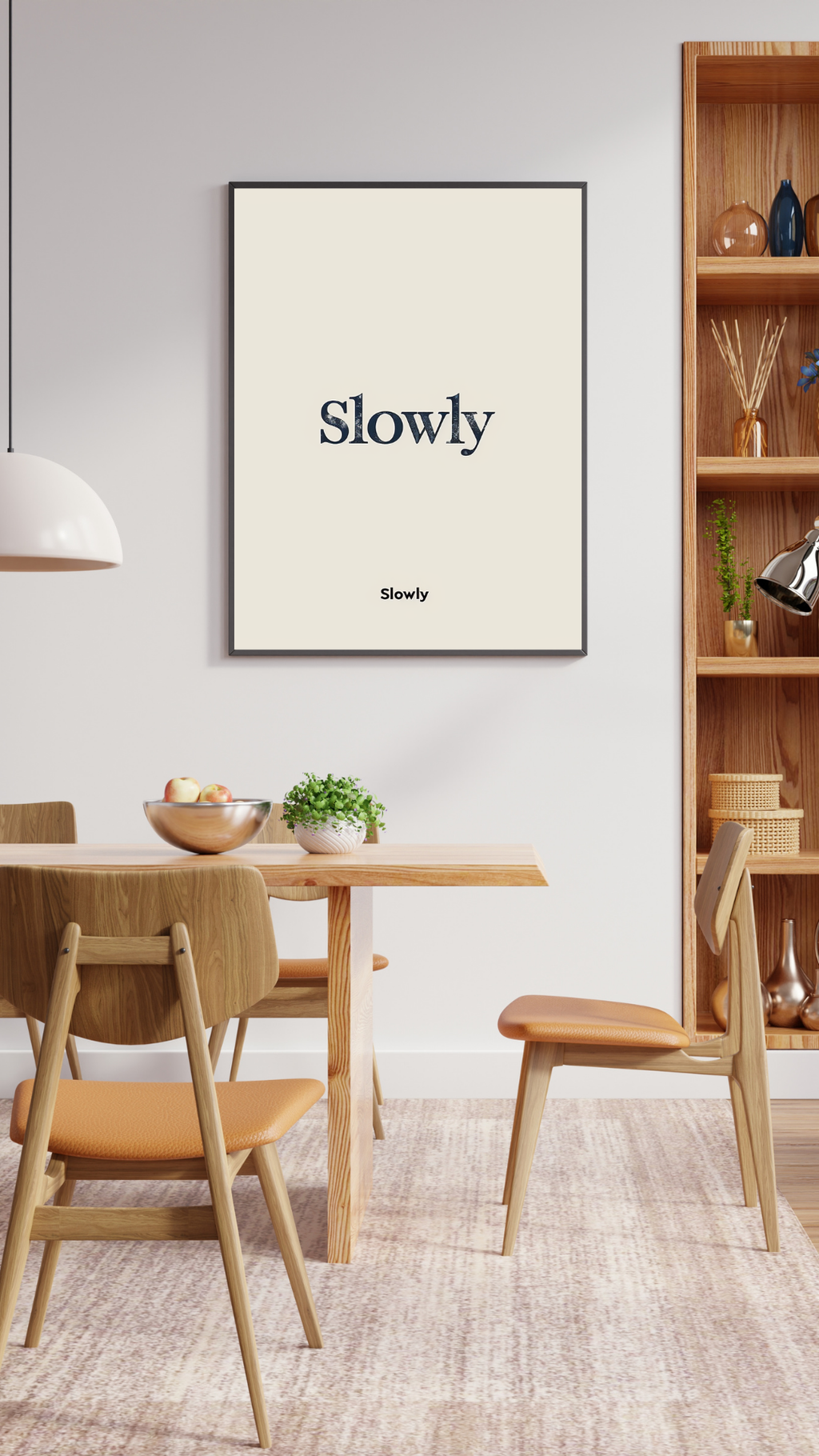 Brunt minimalistiskt typografiskt poster av Nordanio i 3D-väggram, visad i mockup för Instagram-story.