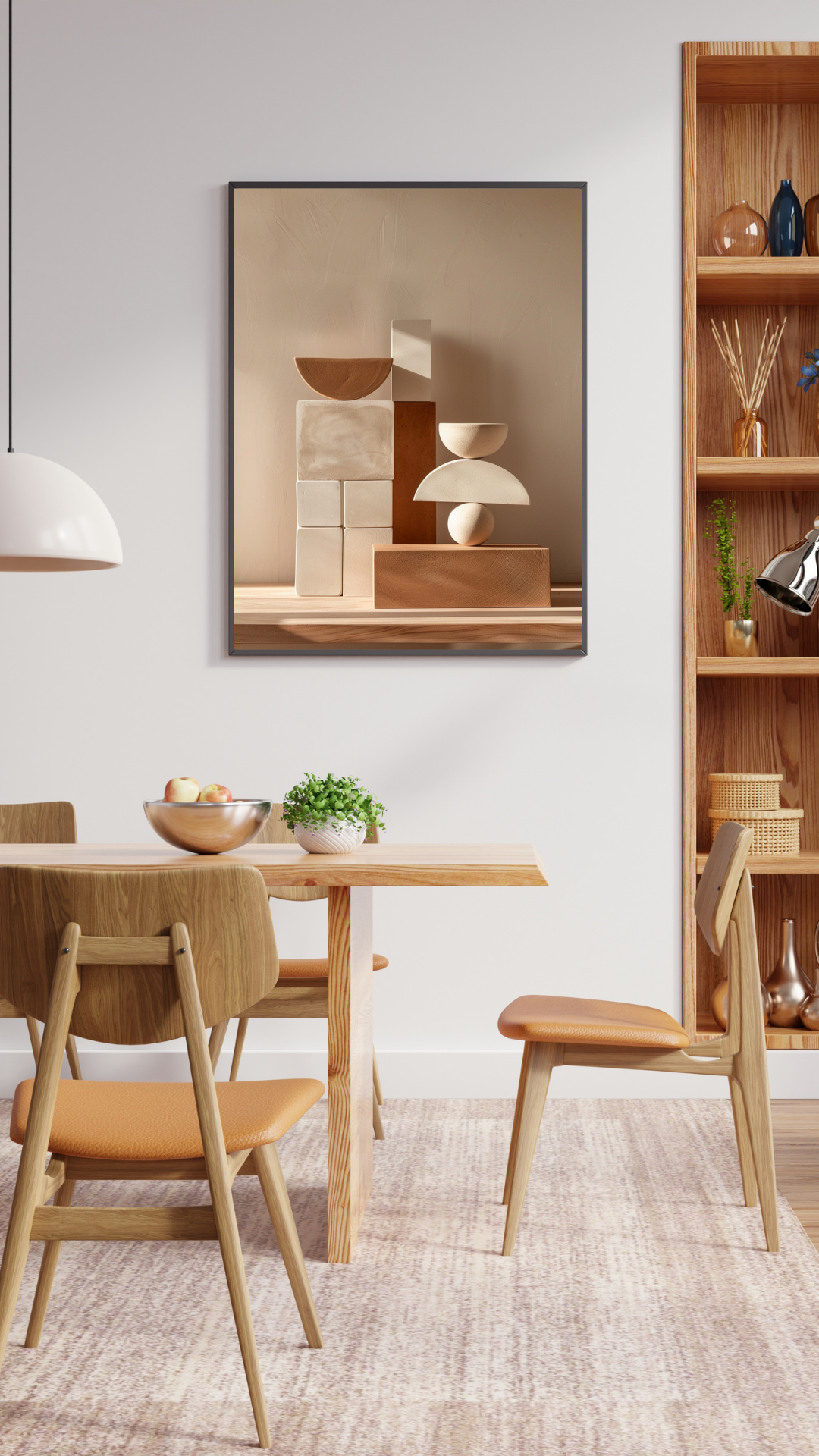 Abstrakt väggposter med geometriska block i brunt, designad av Nordanio, i minimalistisk 3D-ram.