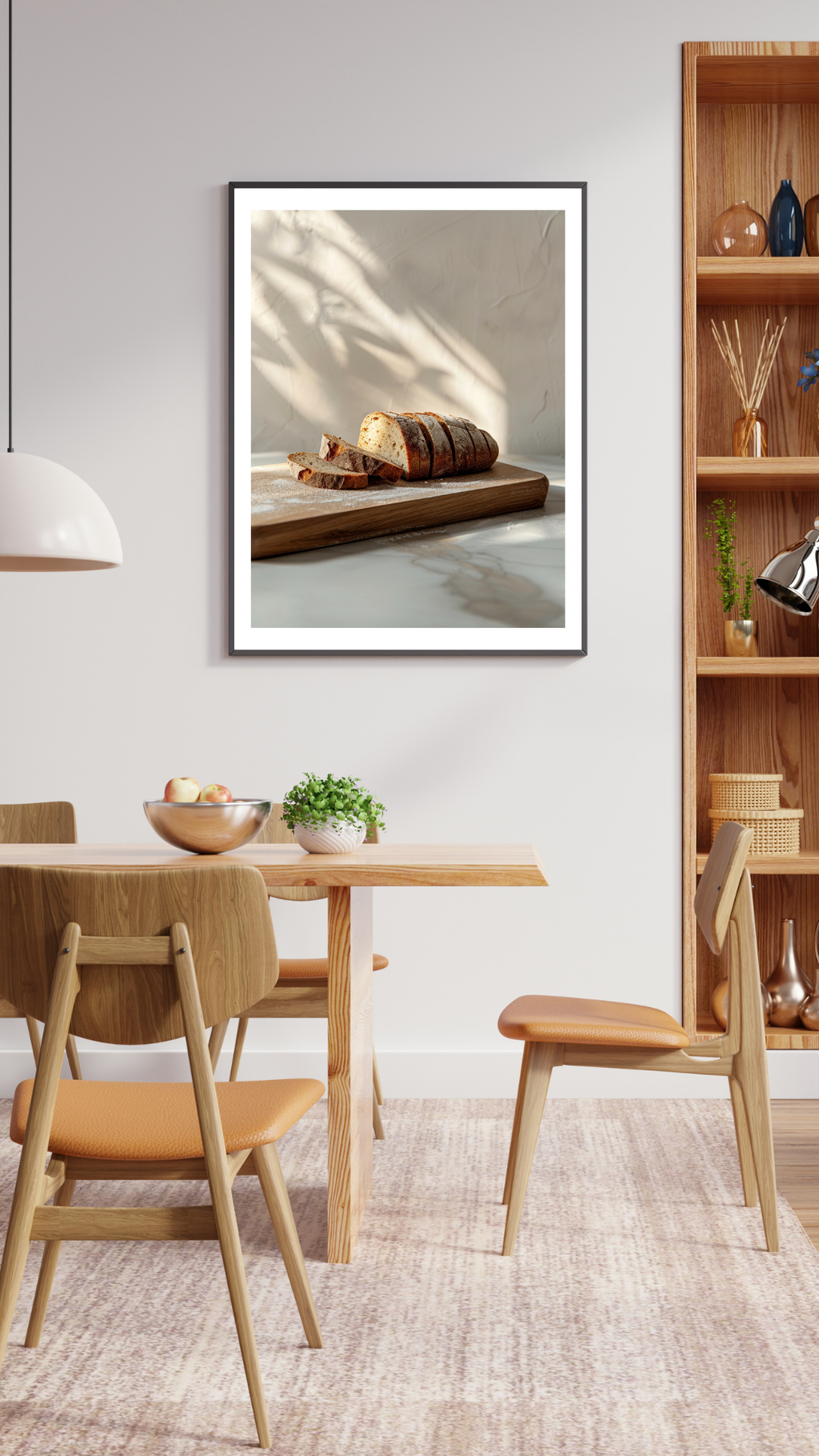 Bröd och skärbräda poster med fruktmotiv från Nordanio, minimalistisk 3D-väggbild i brunt för inredning.