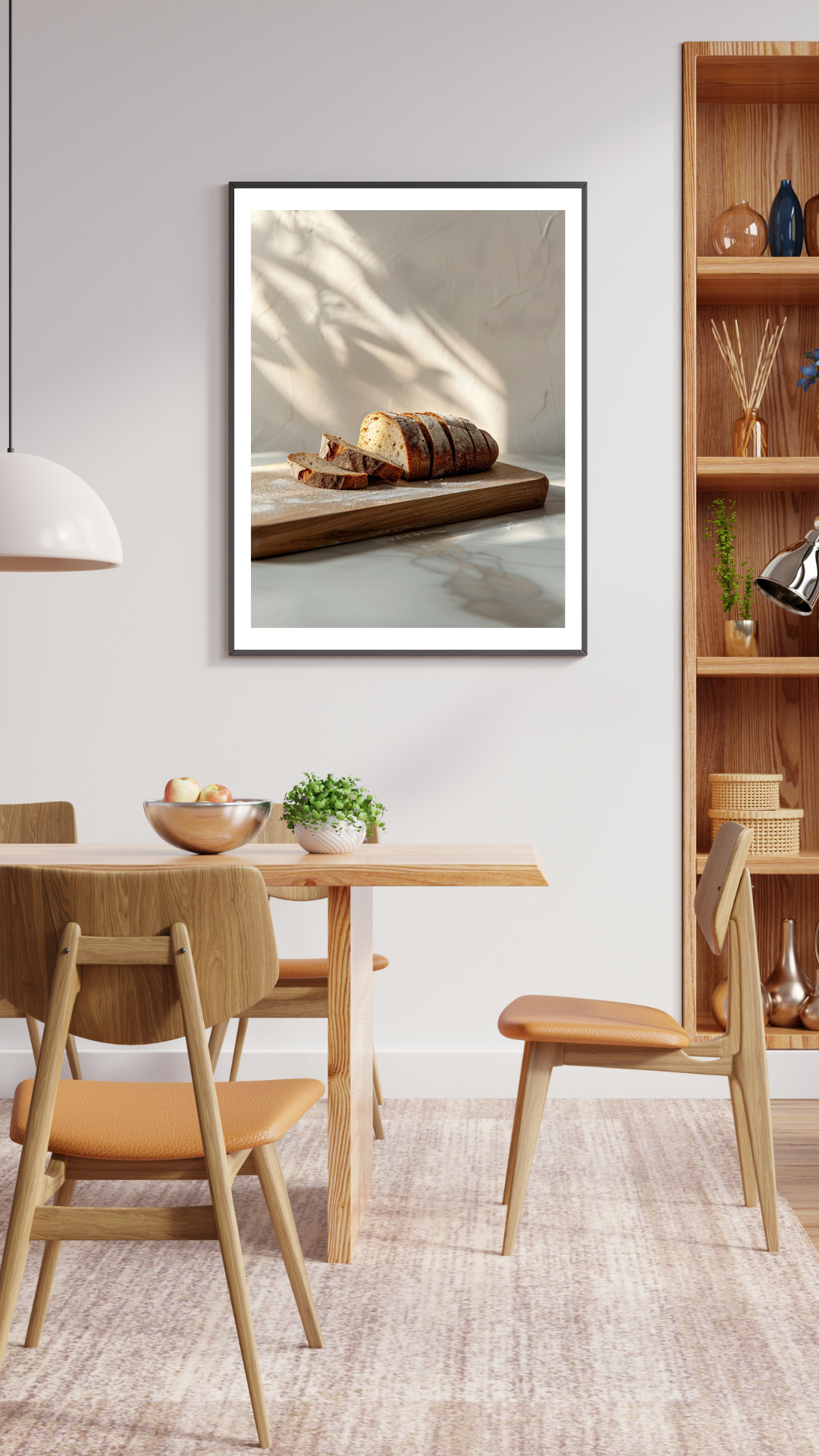 Bröd och skärbräda poster med fruktmotiv från Nordanio, minimalistisk 3D-väggbild i brunt för inredning.