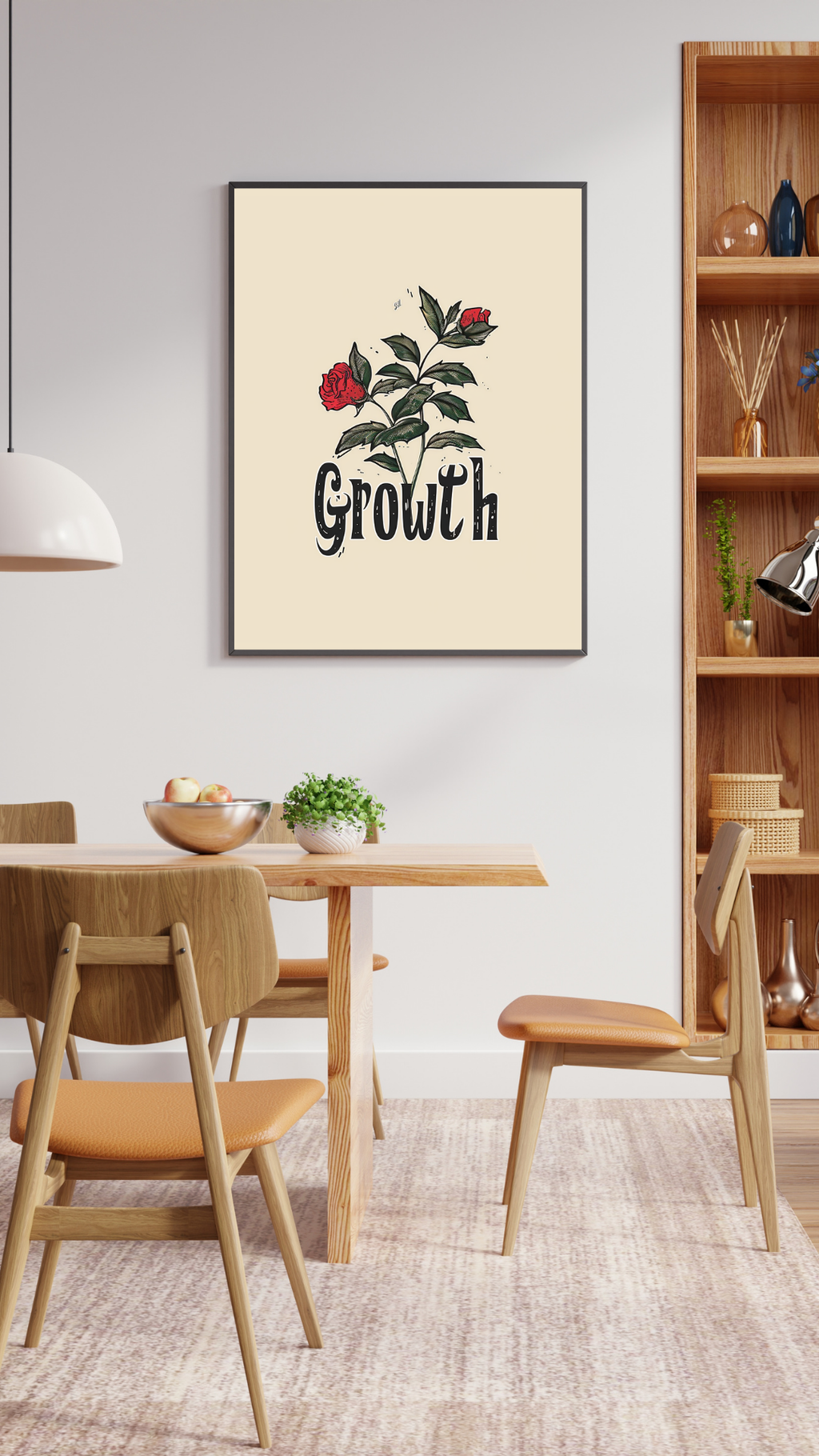 Brun typografiskt poster från Still Growth av Nordanio, som visas i en minimalistisk 3D väggrammockup.