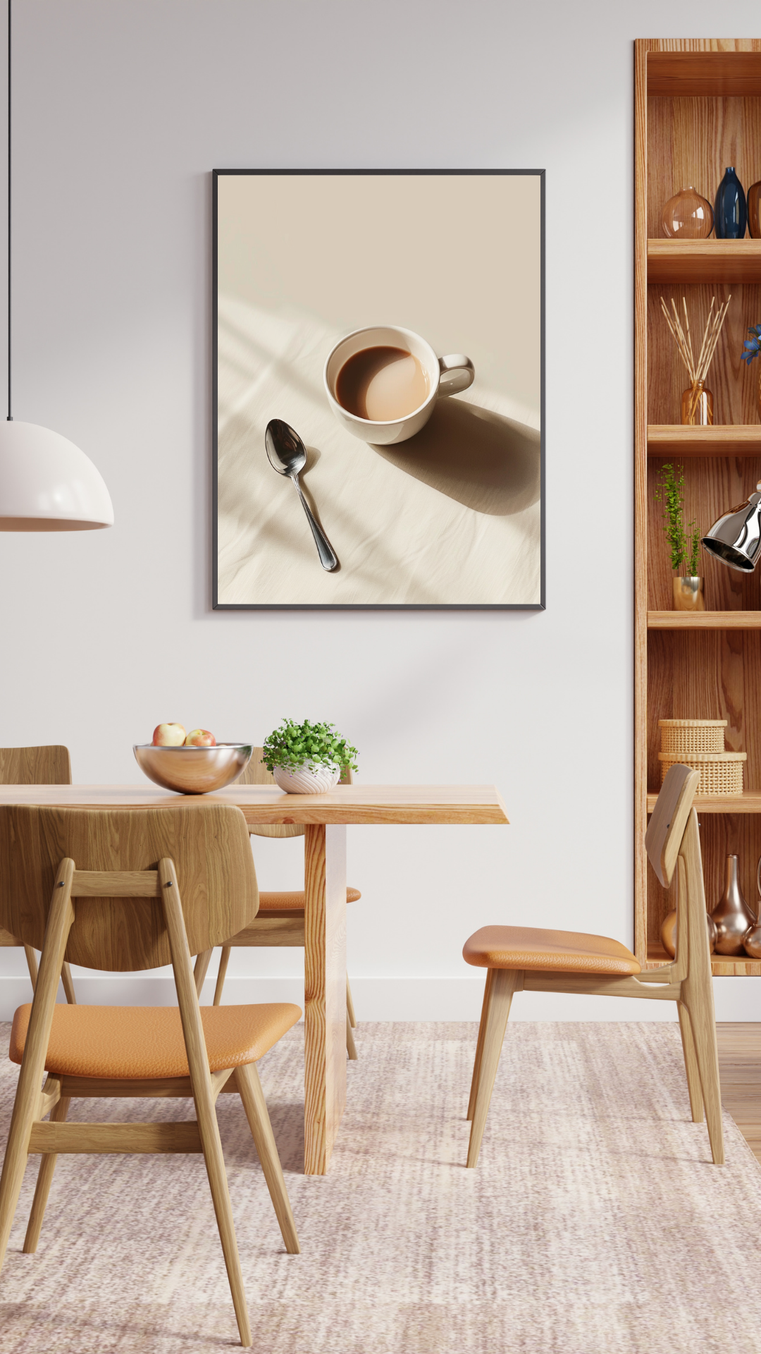 Nordanio kaffe stilleben poster med fruktmotiv i minimalistisk 3D-design, väggram för inredning.