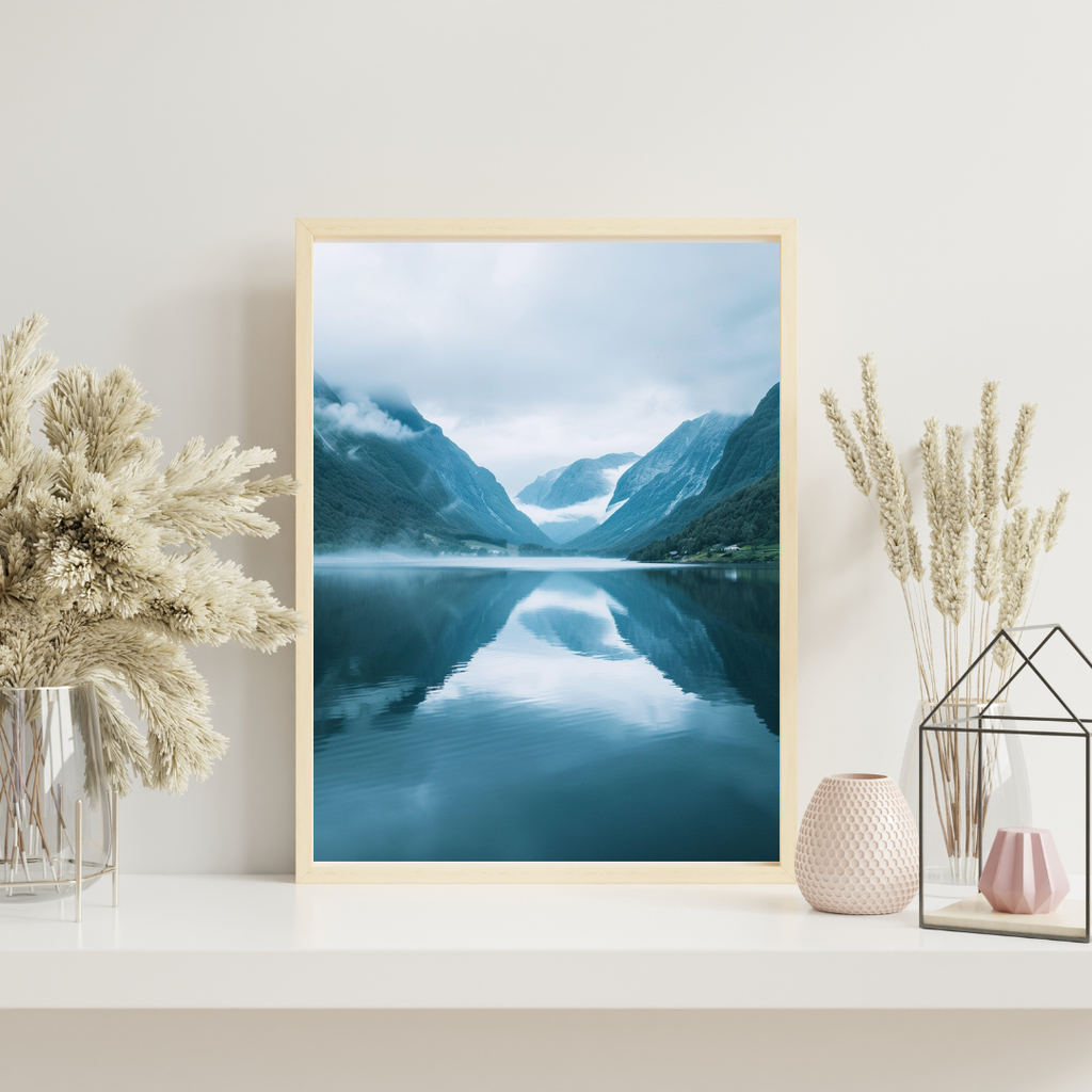 Brunt naturposter med fjäll- och sjölandskap från Nordanio, minimalistisk design för väggdekoration.