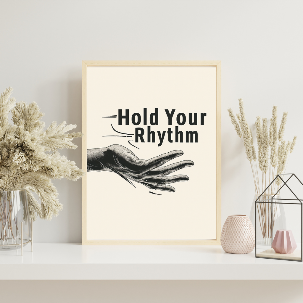 Typografiposter "Hold Your Rhythm" av Nordanio på brun minimalistisk mockup för Instagram.
