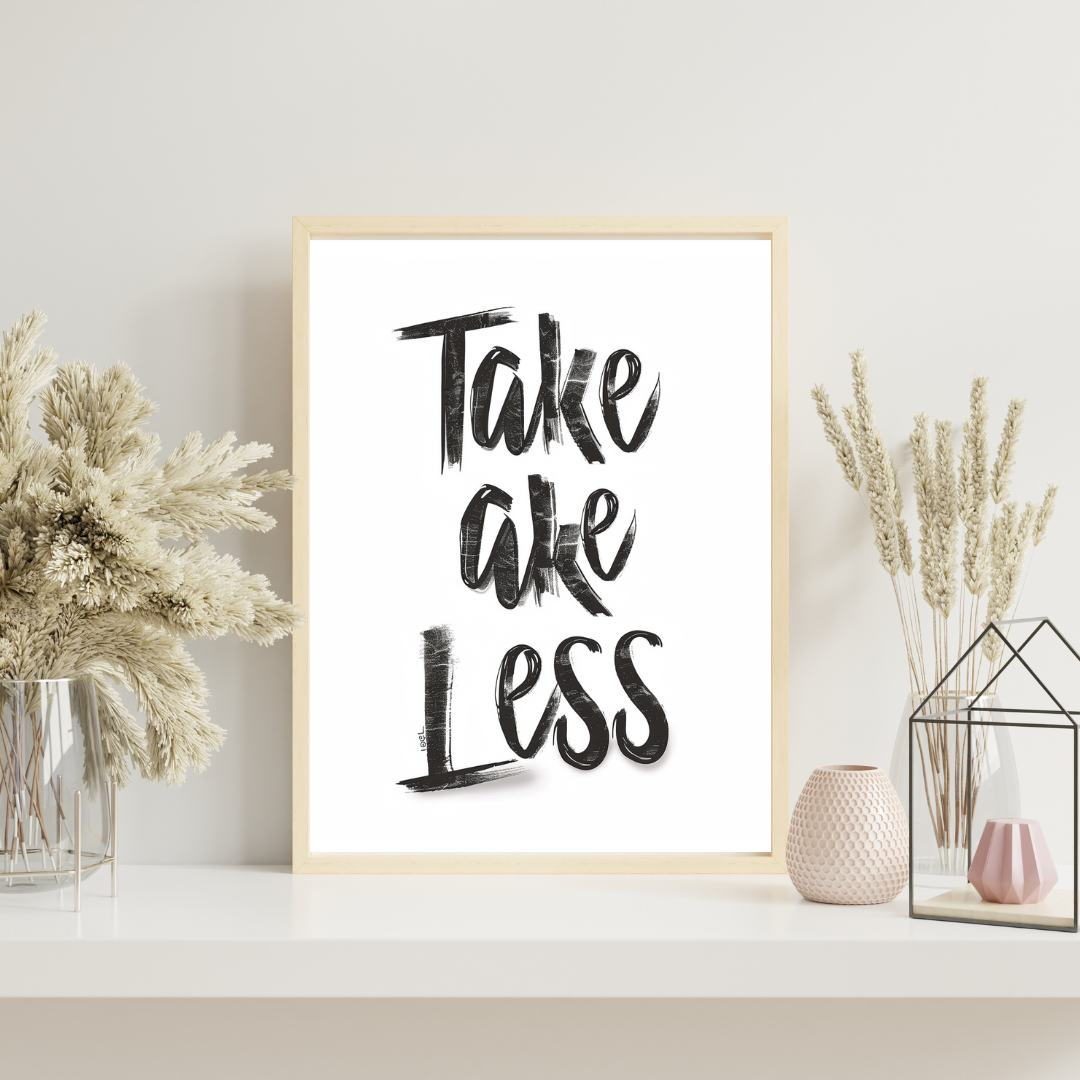 Brun minimalistic typografiplakat med texten "Take Less" från Nordanio, visad på Instagrammockup.
