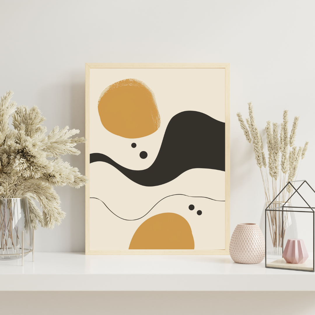 Beige och svart abstrakt väggposter från Nordanio med minimalistisk design, syns på mockup av Instagram-inlägg.