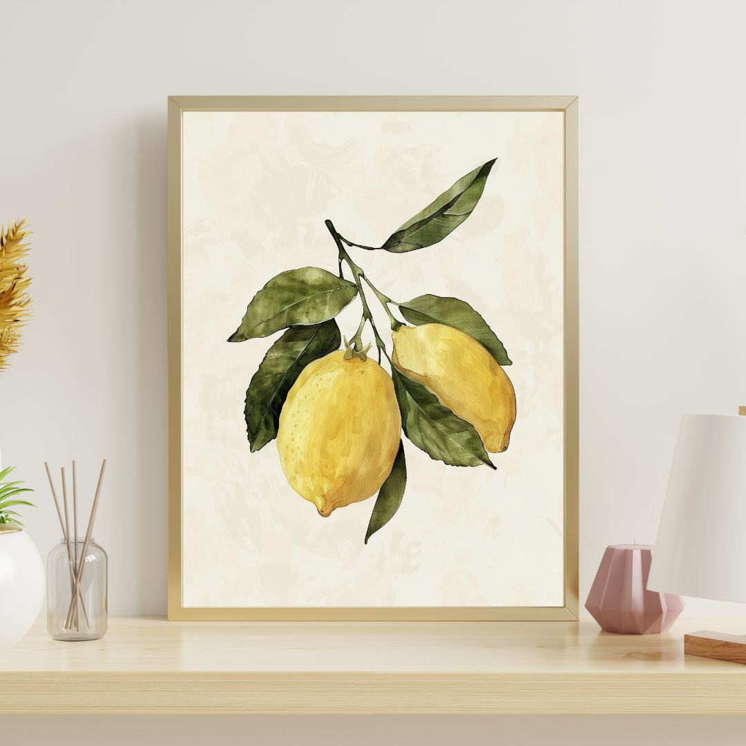 Brunt modern minimalist väggkonstposter med citronillustration från Nordanio, passar som fruktposter för inredning.