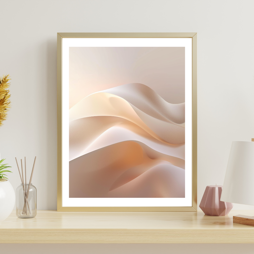 Abstrakt väggposter med ljus gradient i brunt, minimalistiskt design, inramad och visad på väggmockup av Nordanio.