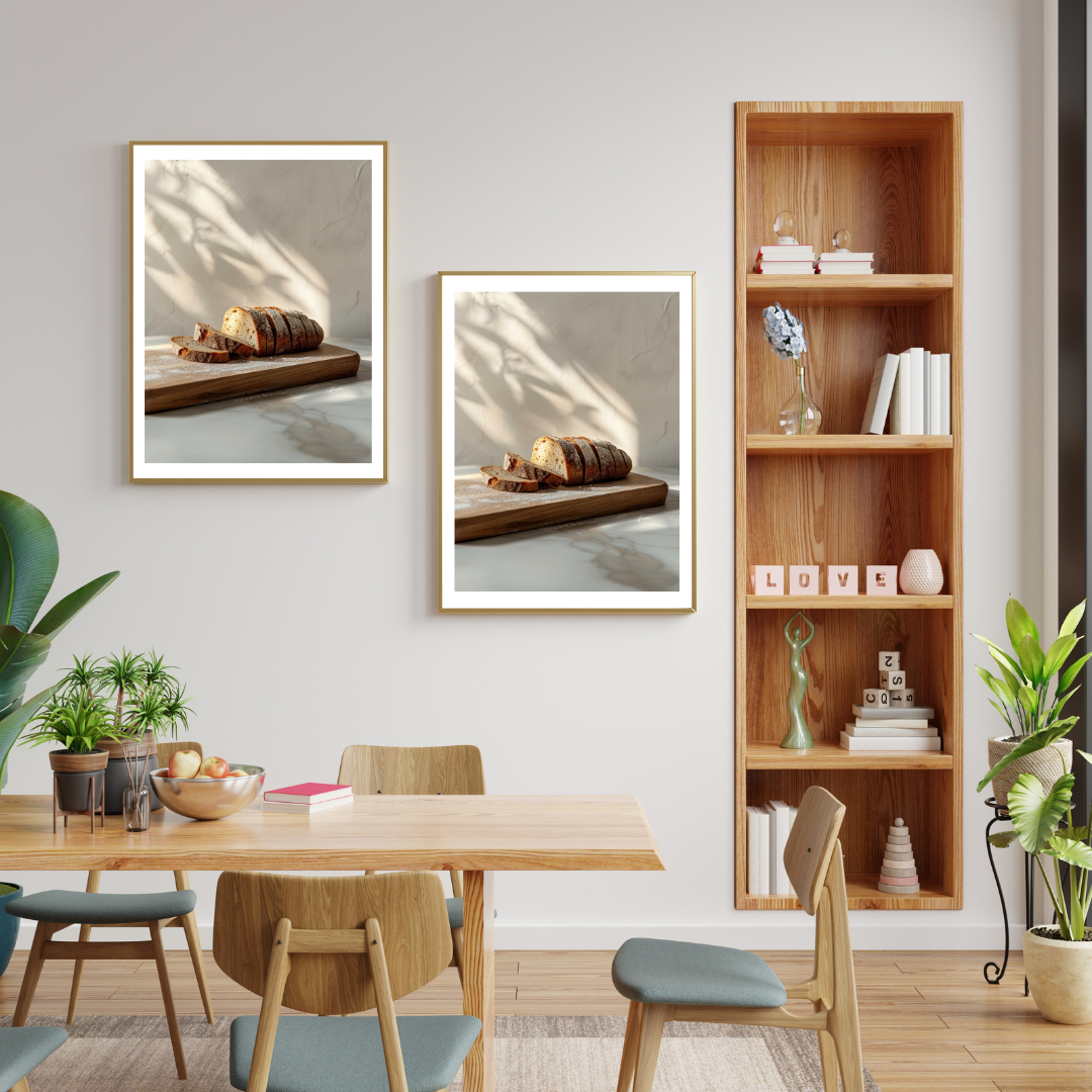 Fruktposter av Nordanio med minimalistisk design i brunt och kräm, inramad på vägg.