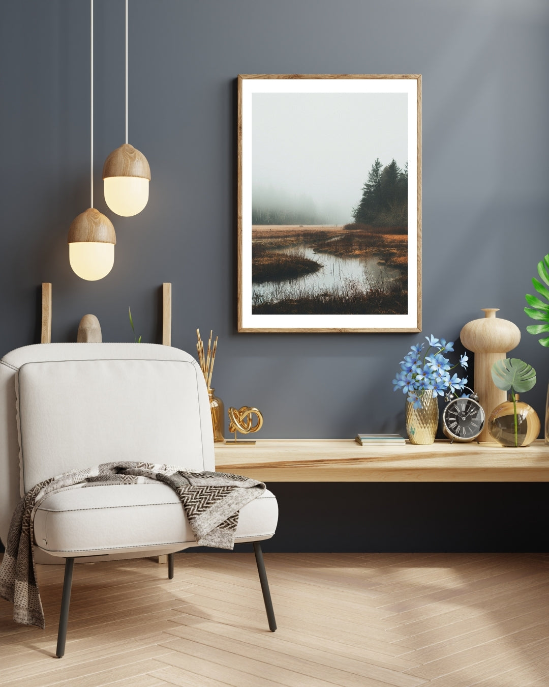 Misty landskapsaffisch av Nordanio, naturposter med suddiga träd och dimmig atmosfär i en minimalistisk brunt och grå ram.