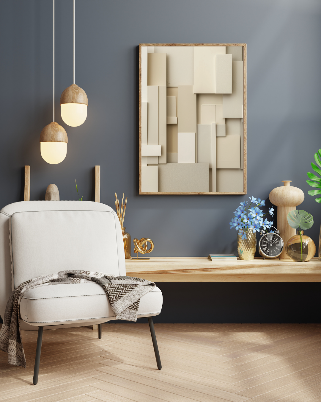 Abstrakt väggposter med vertikala paneler i brunt och grått, minimalistiskt design från Nordanio.